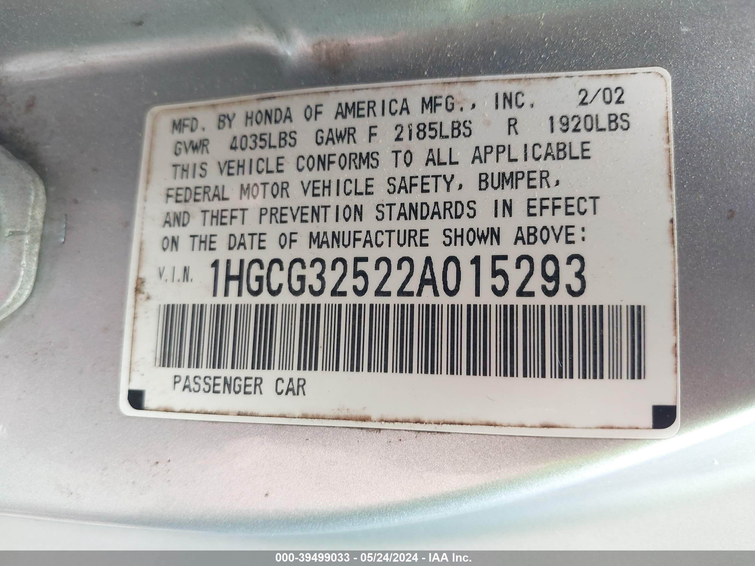 Photo 8 VIN: 1HGCG32522A015293 - HONDA ACCORD 