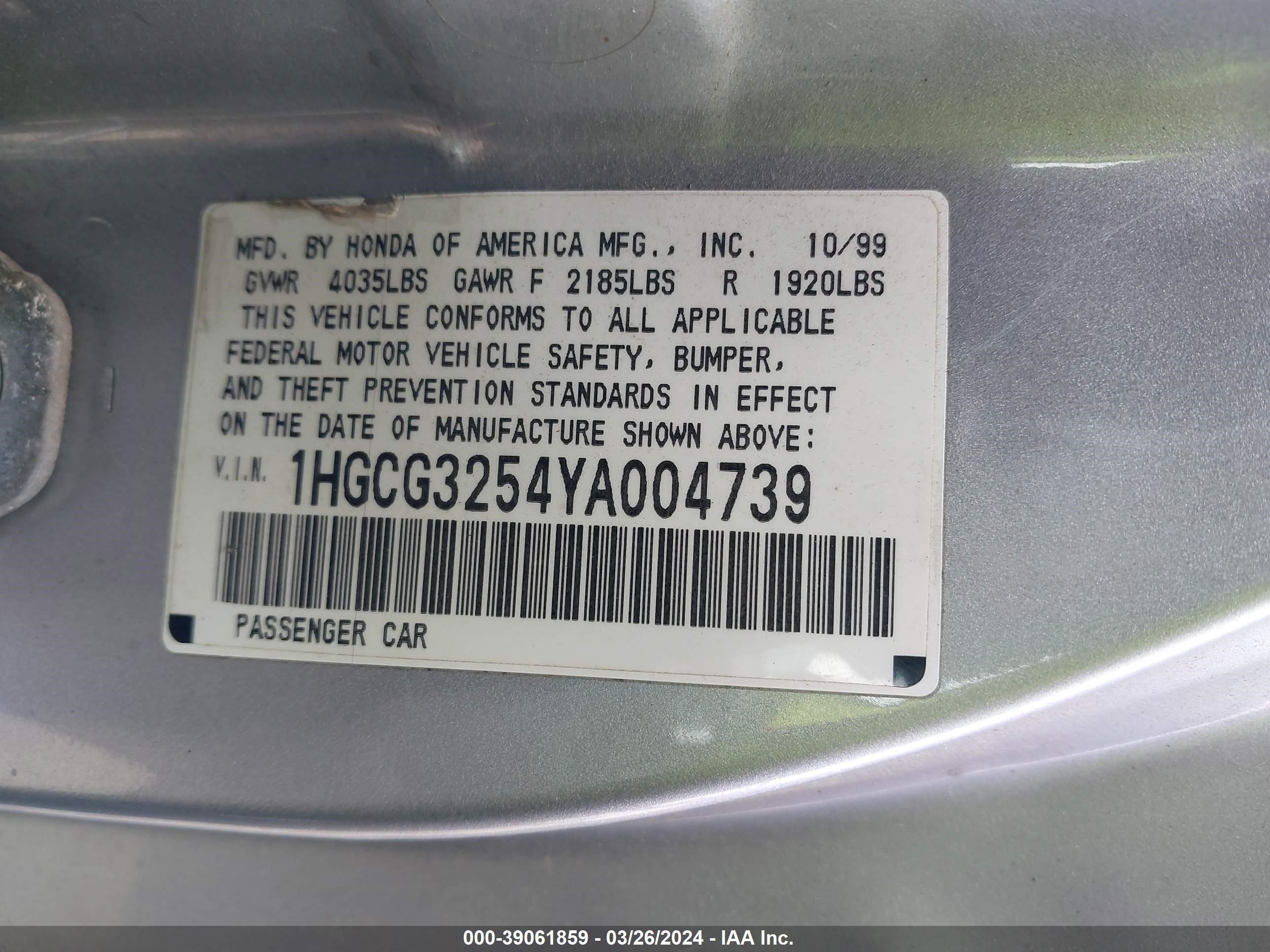 Photo 8 VIN: 1HGCG3254YA004739 - HONDA ACCORD 