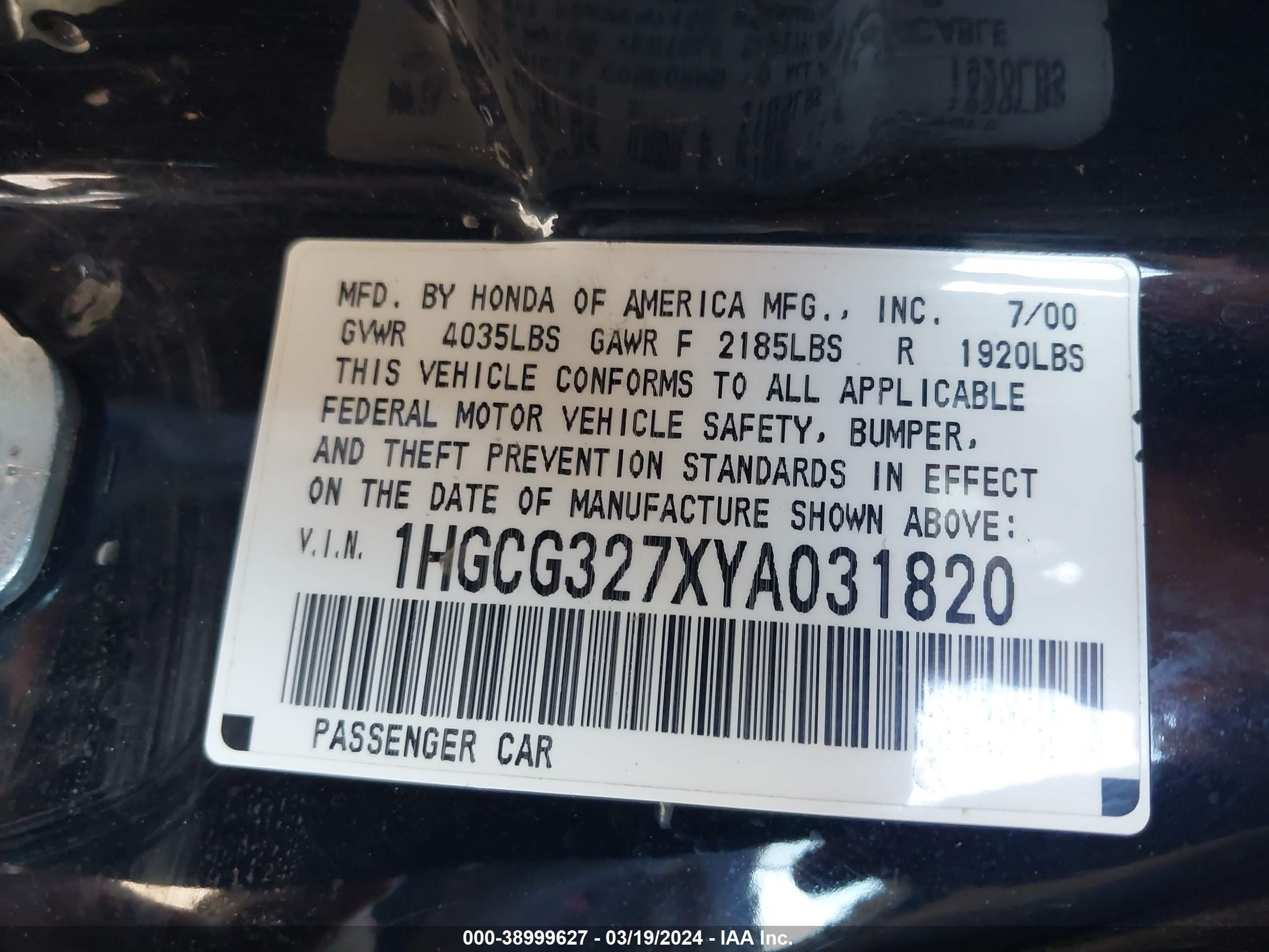 Photo 8 VIN: 1HGCG327XYA031820 - HONDA ACCORD 