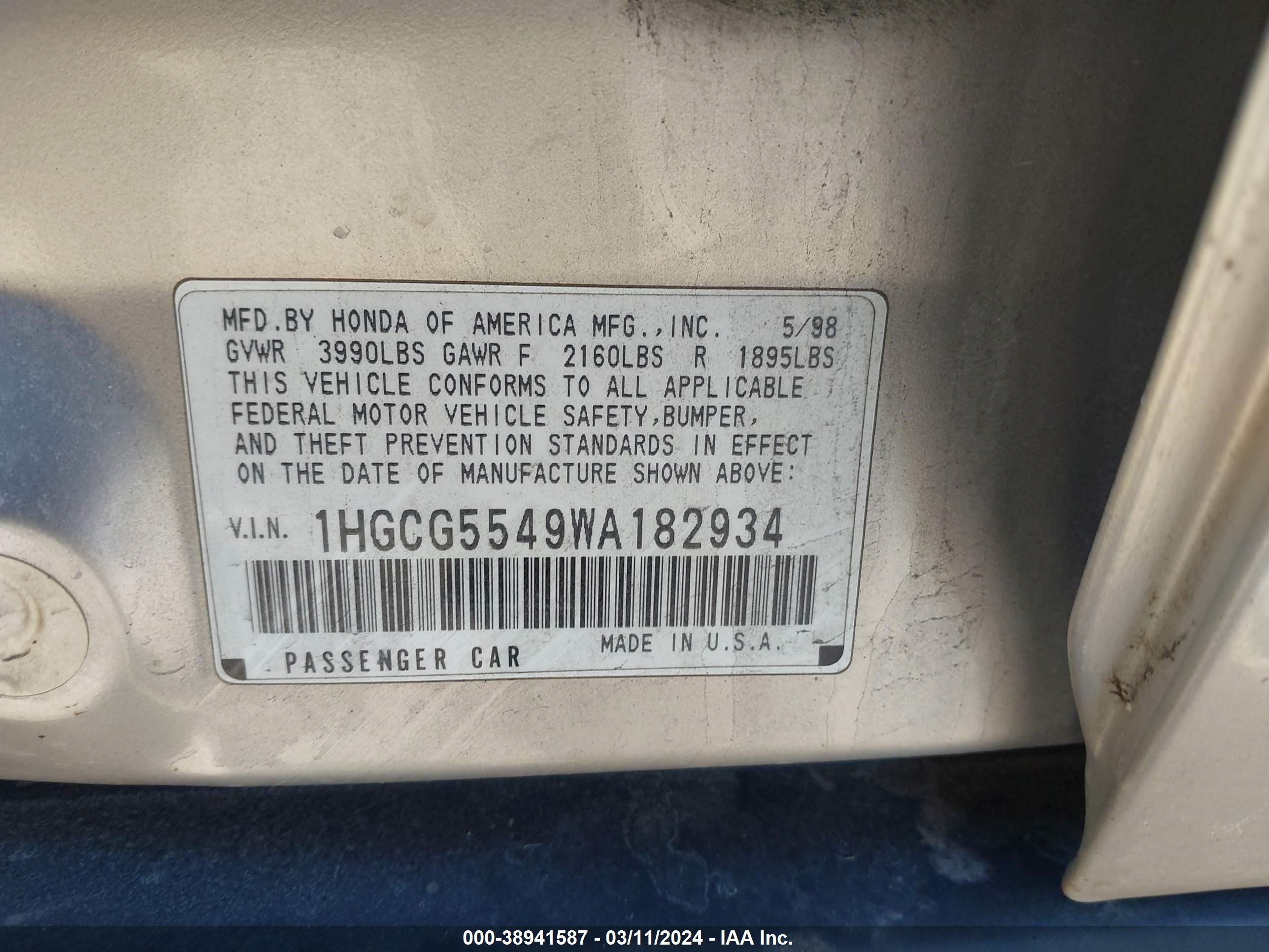 Photo 8 VIN: 1HGCG5549WA182934 - HONDA ACCORD 