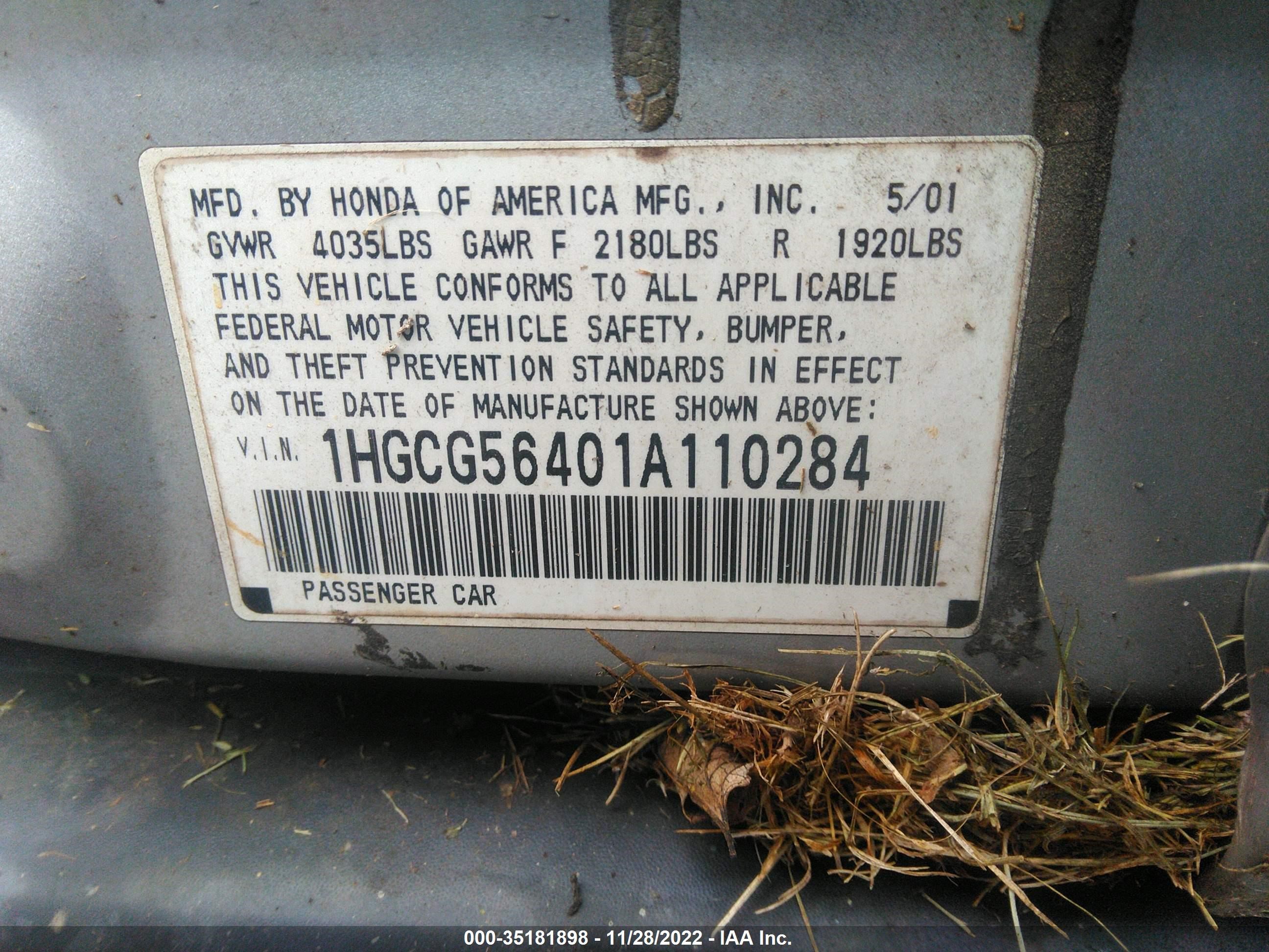 Photo 8 VIN: 1HGCG56401A110284 - HONDA ACCORD 