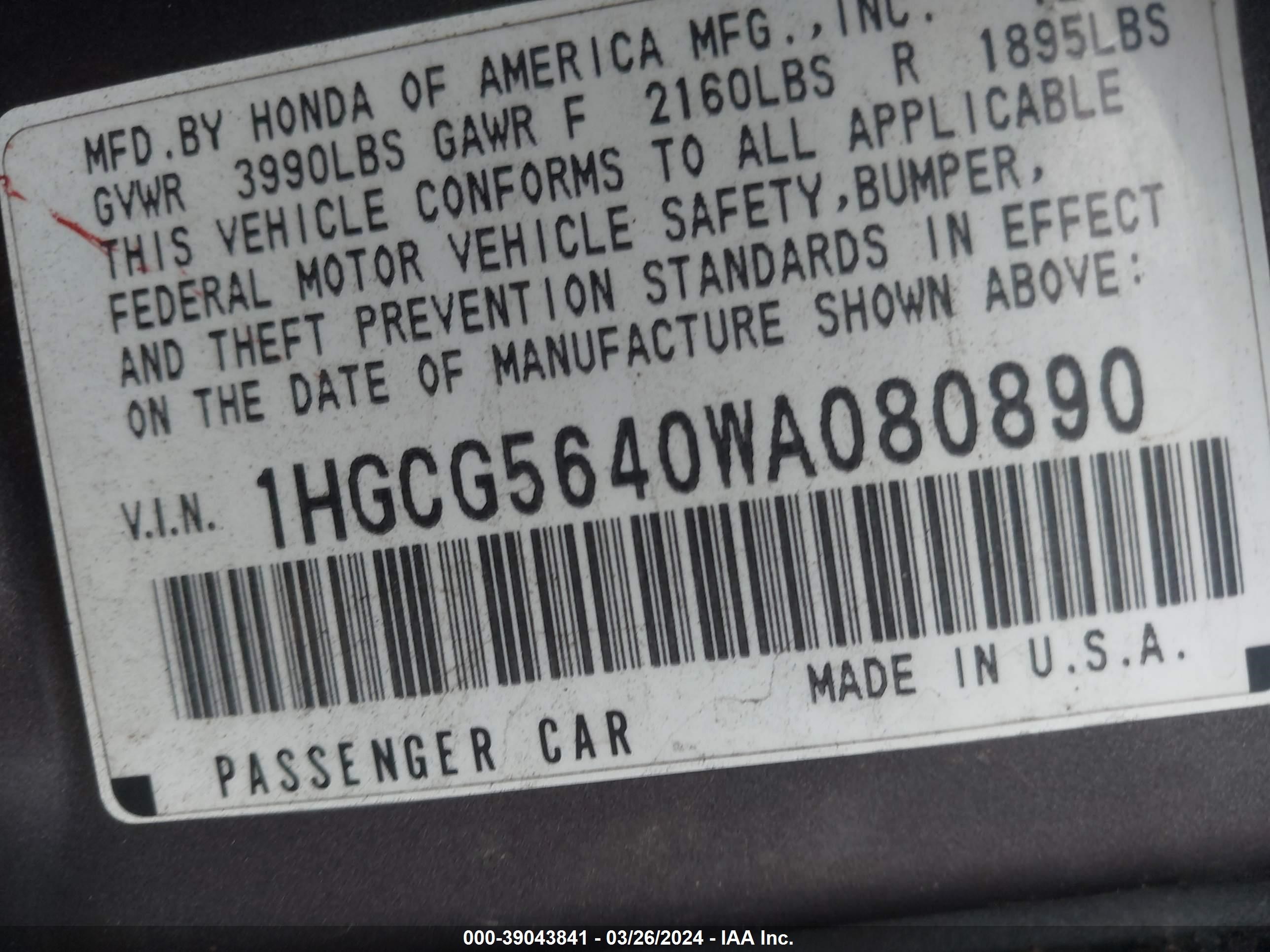 Photo 8 VIN: 1HGCG5640WA080890 - HONDA ACCORD 