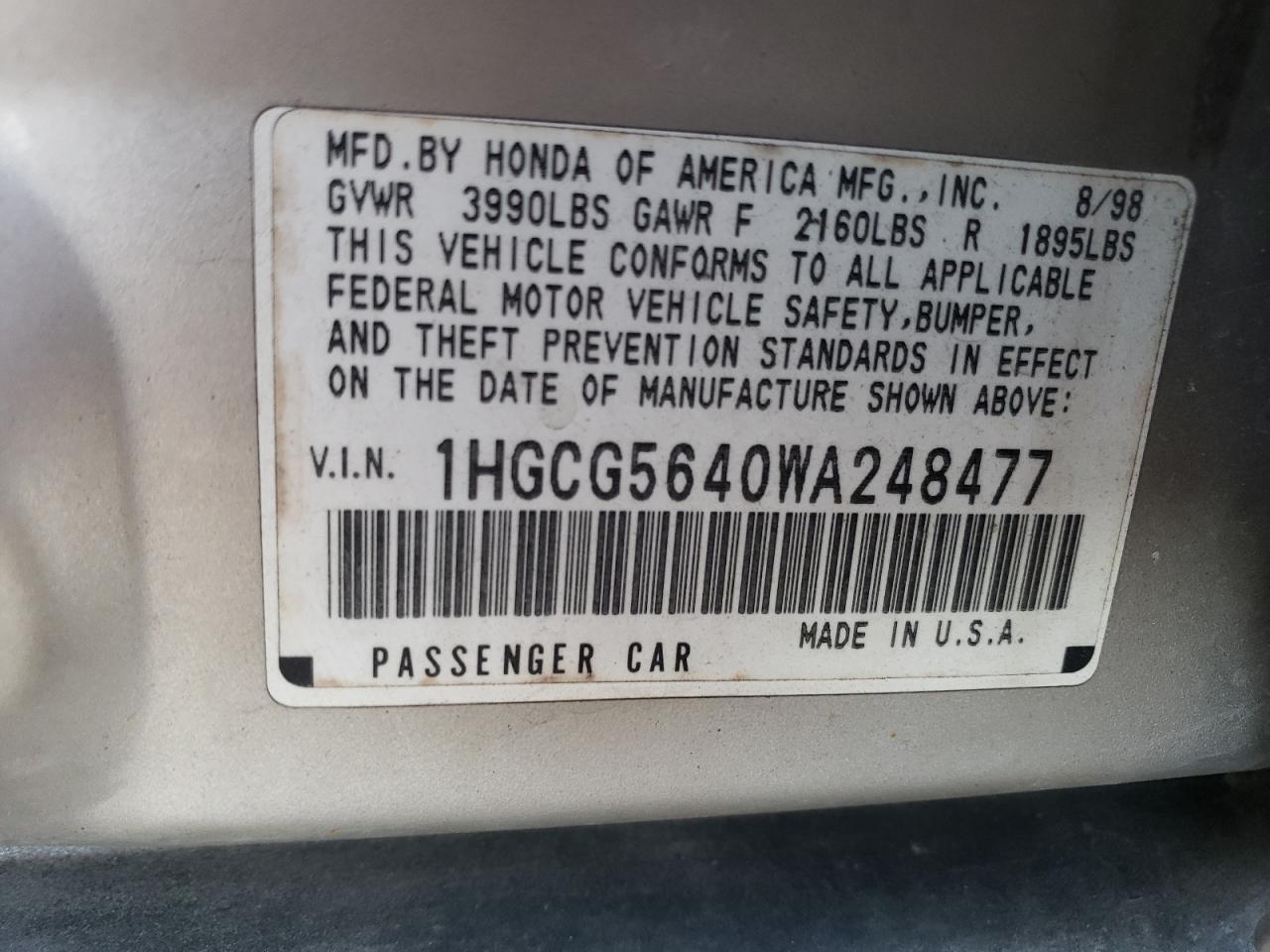 Photo 11 VIN: 1HGCG5640WA248477 - HONDA ACCORD 