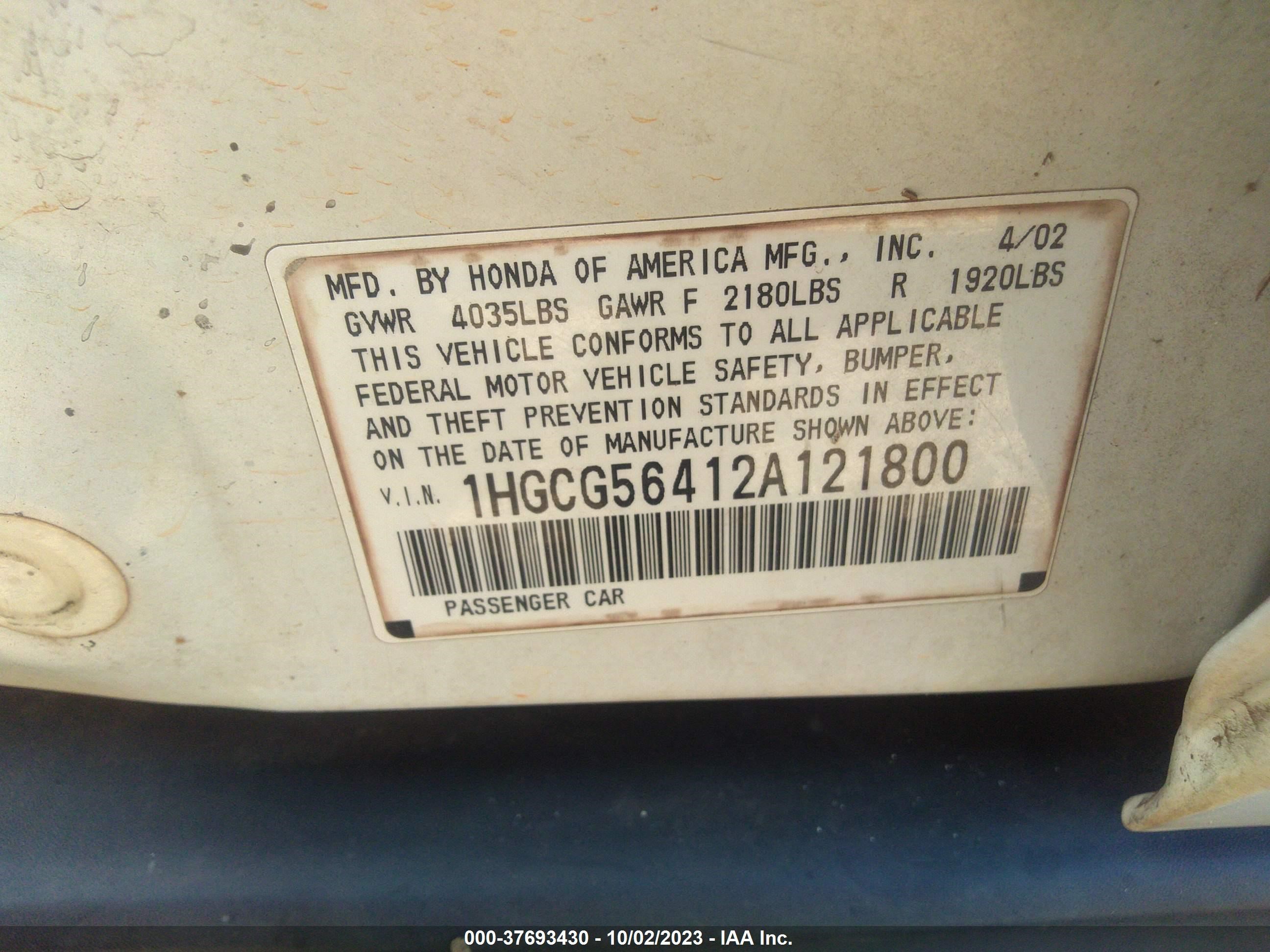 Photo 8 VIN: 1HGCG56412A121800 - HONDA ACCORD 