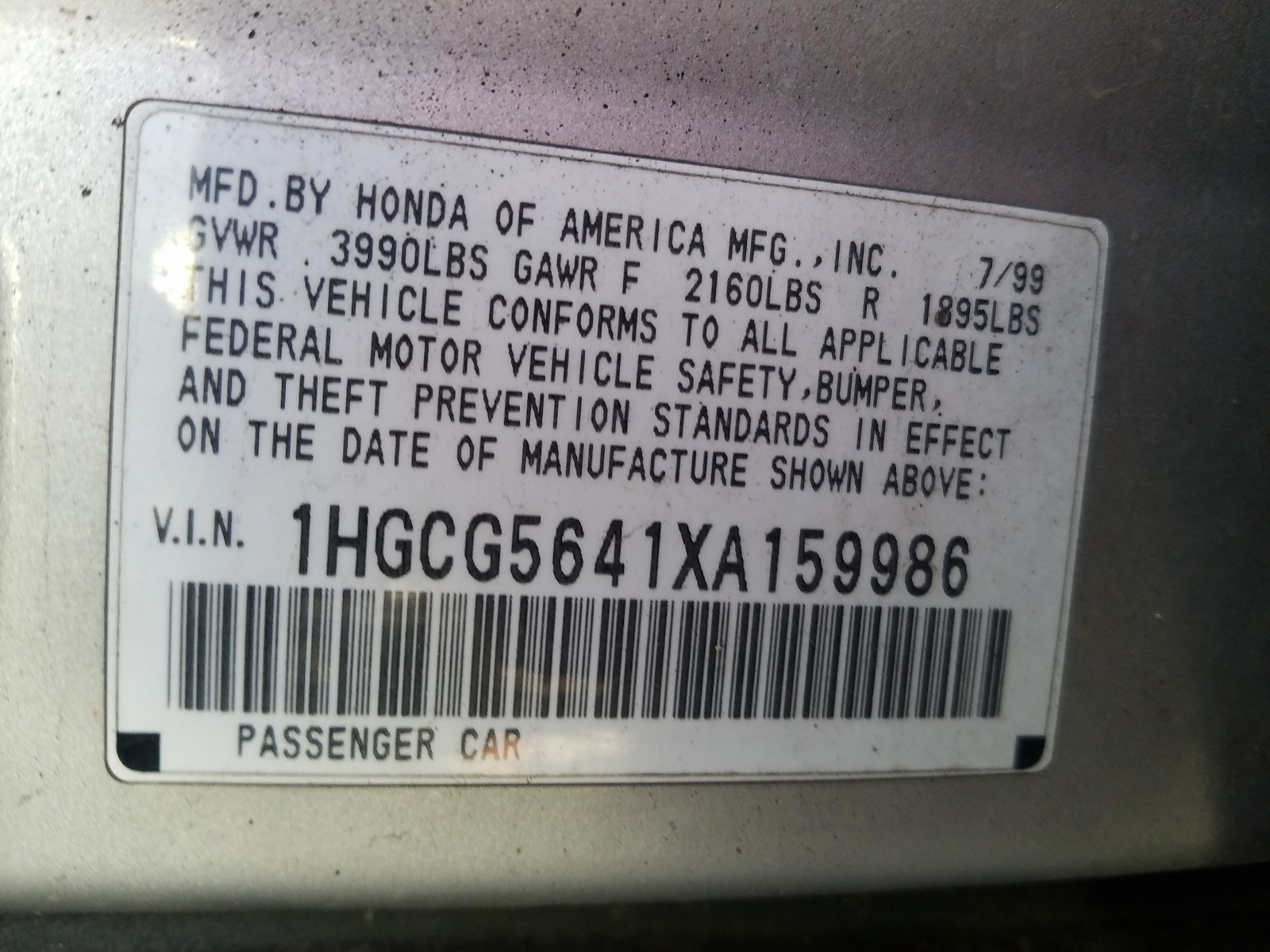 Photo 9 VIN: 1HGCG5641XA159986 - HONDA ACCORD LX 