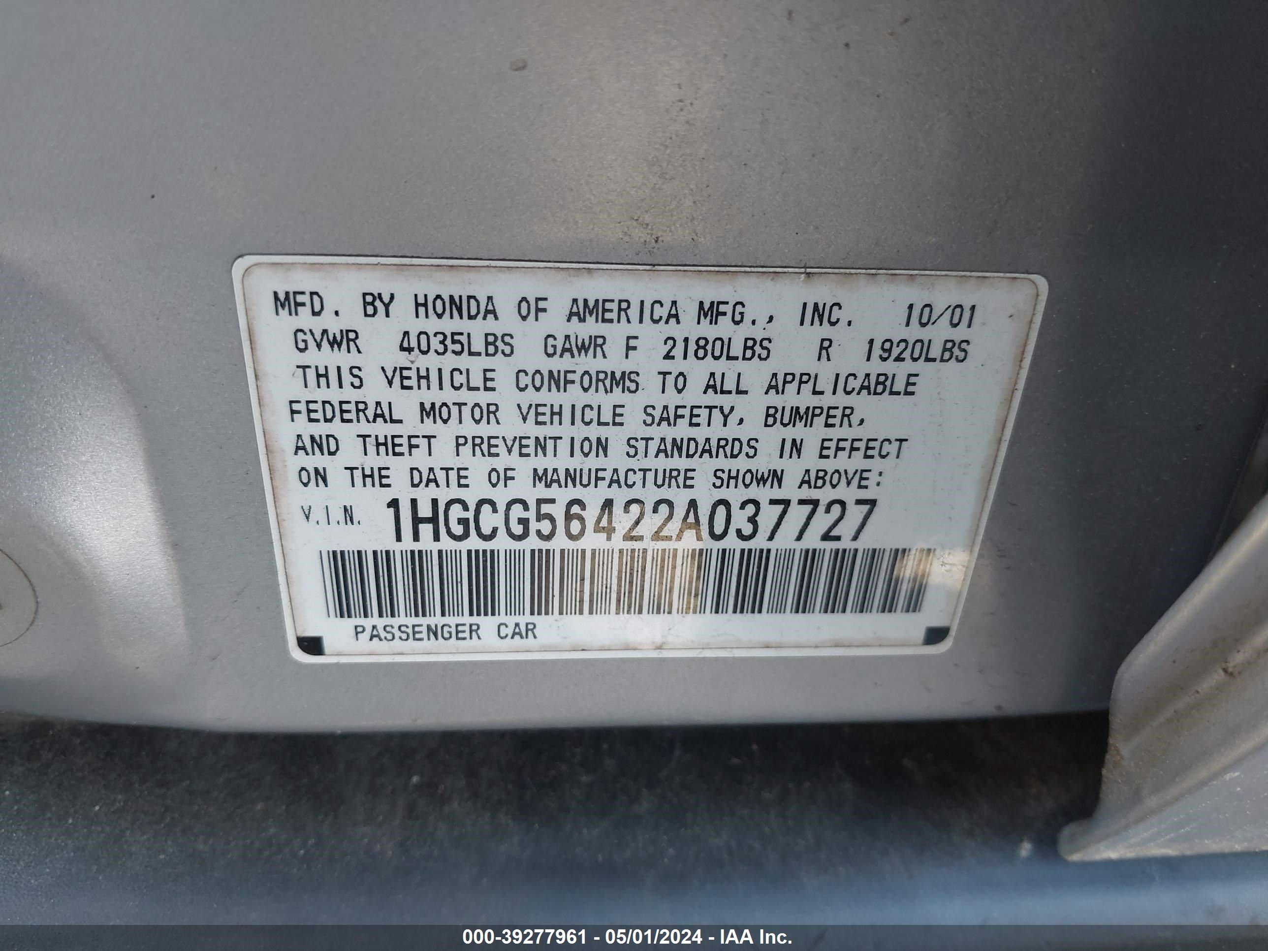 Photo 8 VIN: 1HGCG56422A037727 - HONDA ACCORD 