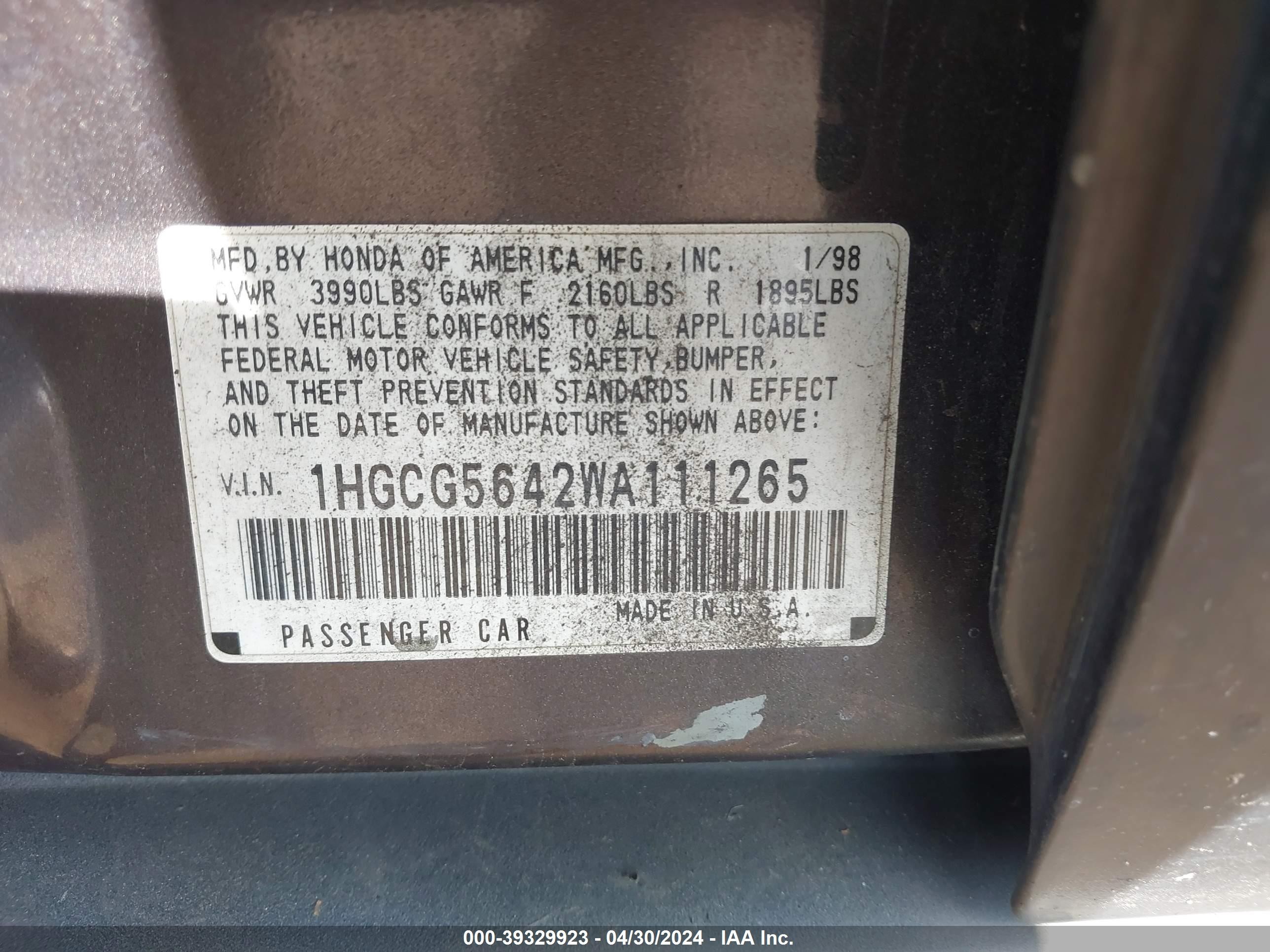 Photo 8 VIN: 1HGCG5642WA111265 - HONDA ACCORD 