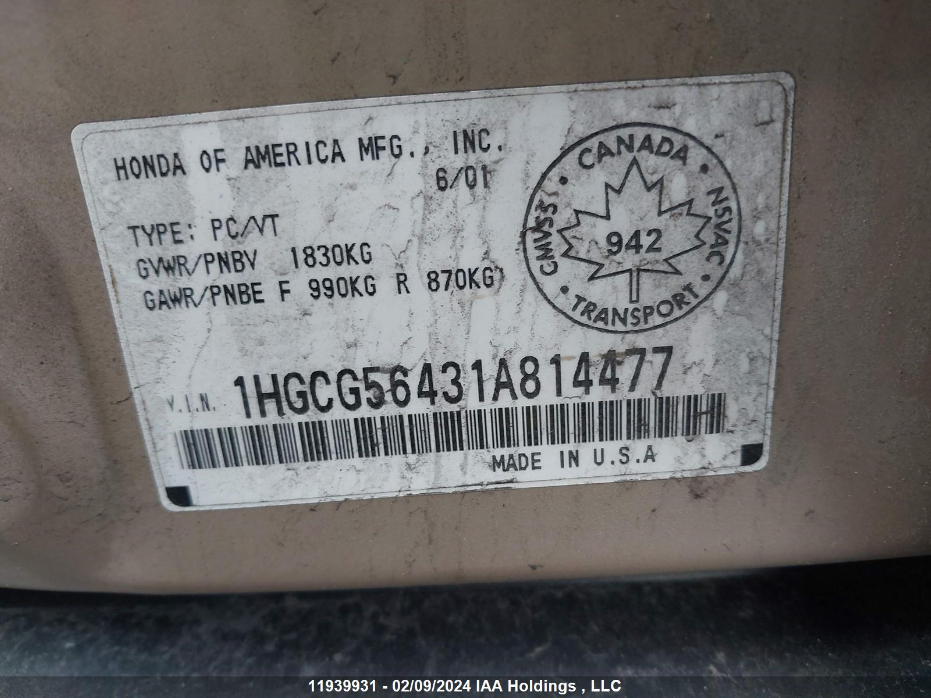 Photo 8 VIN: 1HGCG56431A814477 - HONDA ACCORD 