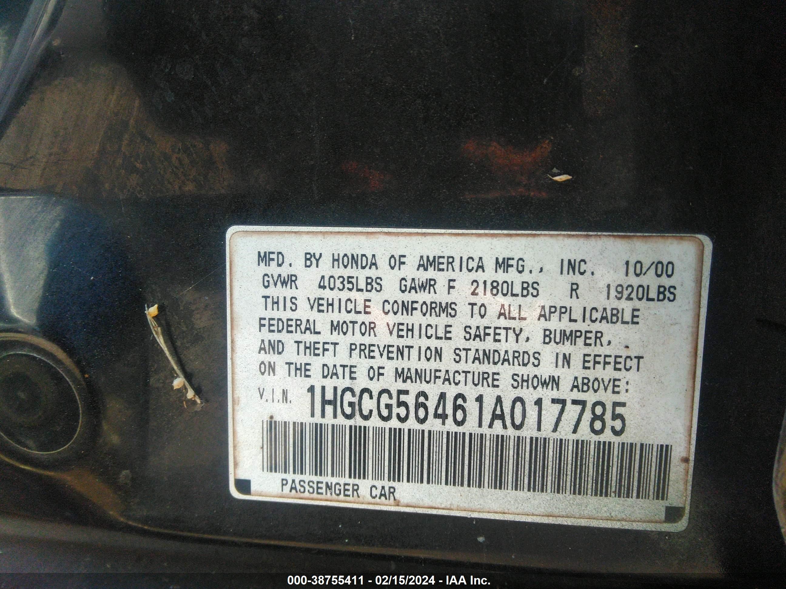 Photo 8 VIN: 1HGCG56461A017785 - HONDA ACCORD 