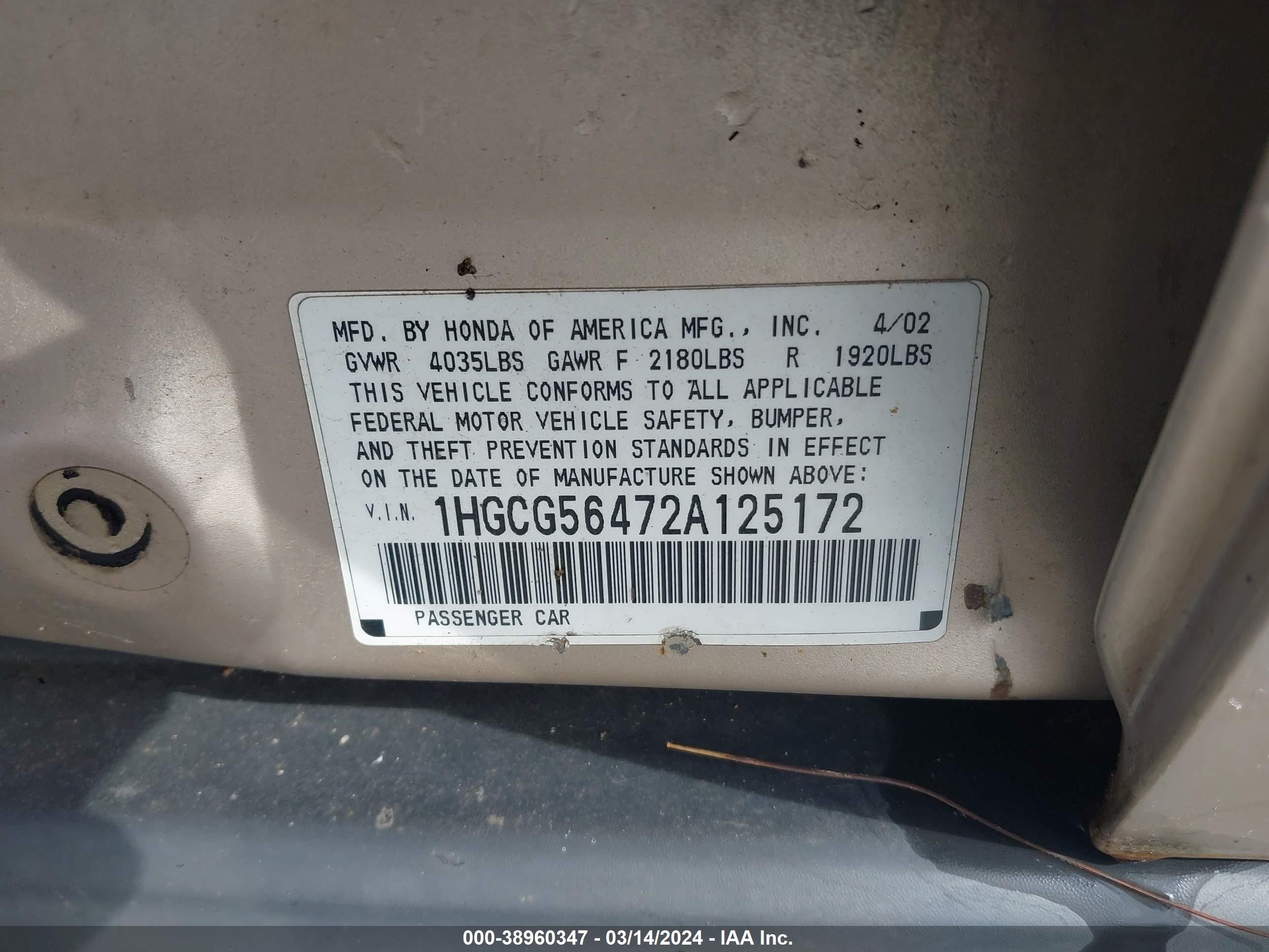 Photo 8 VIN: 1HGCG56472A125172 - HONDA ACCORD 