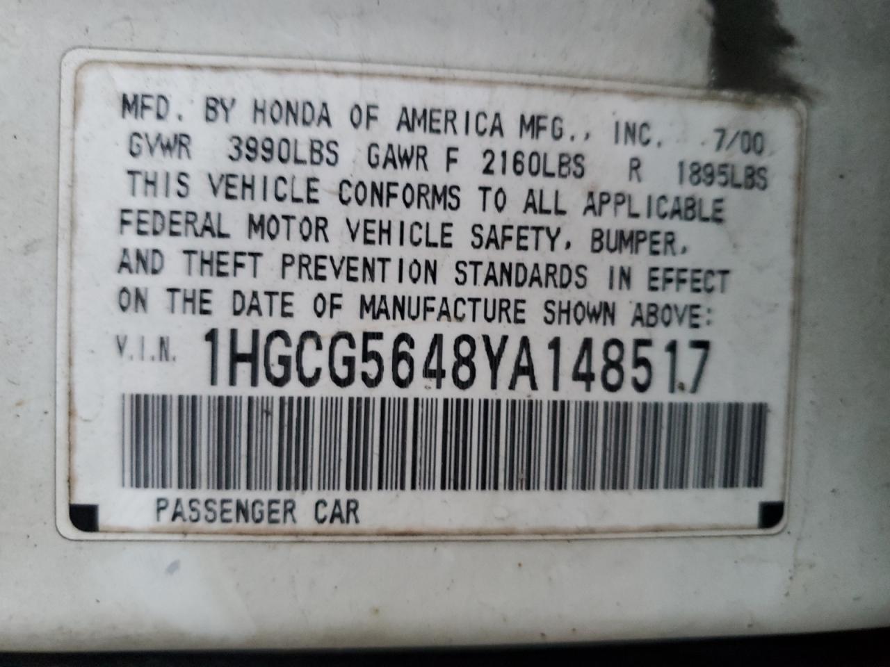 Photo 12 VIN: 1HGCG5648YA148517 - HONDA ACCORD 