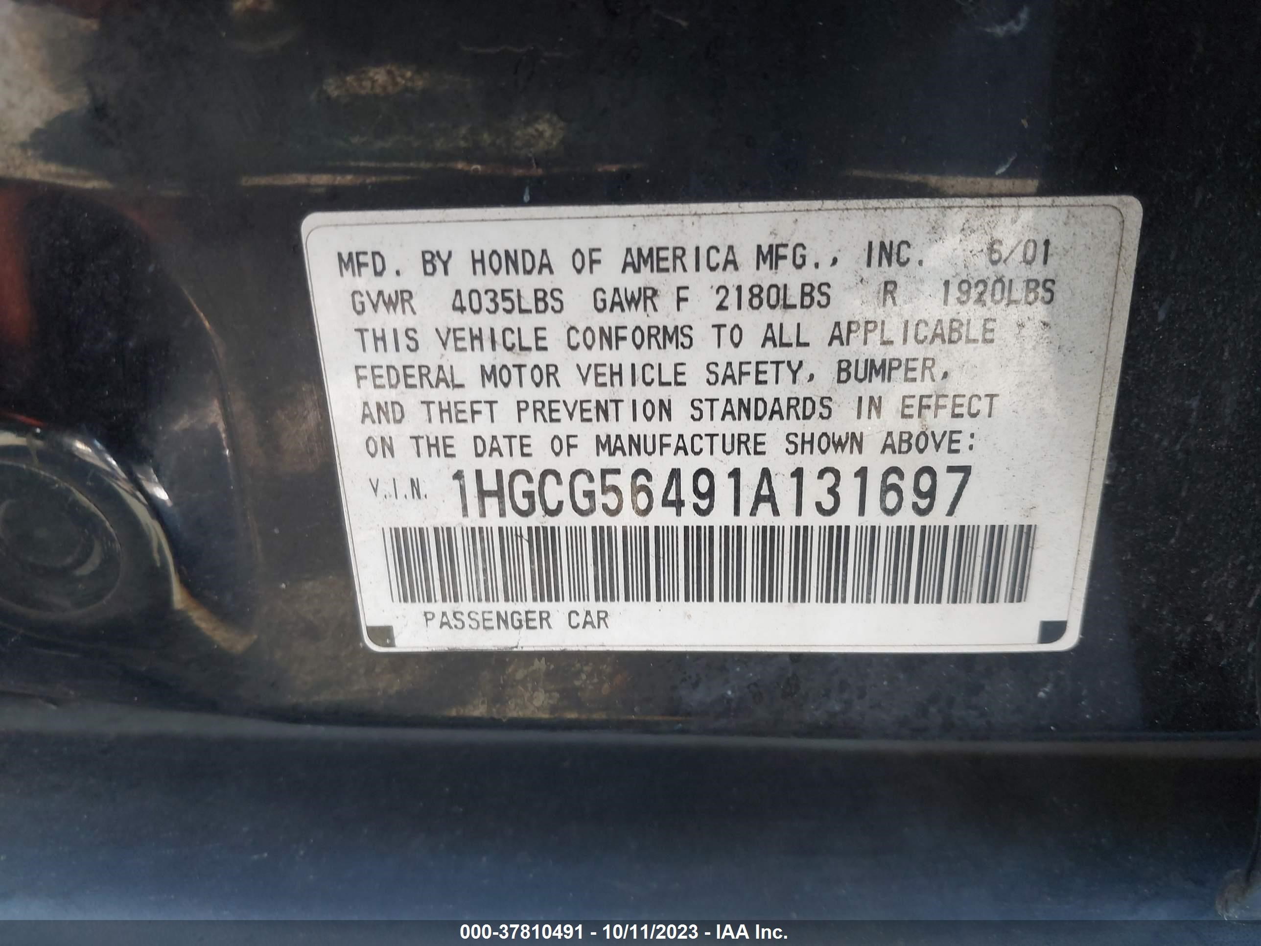 Photo 8 VIN: 1HGCG56491A131697 - HONDA ACCORD 