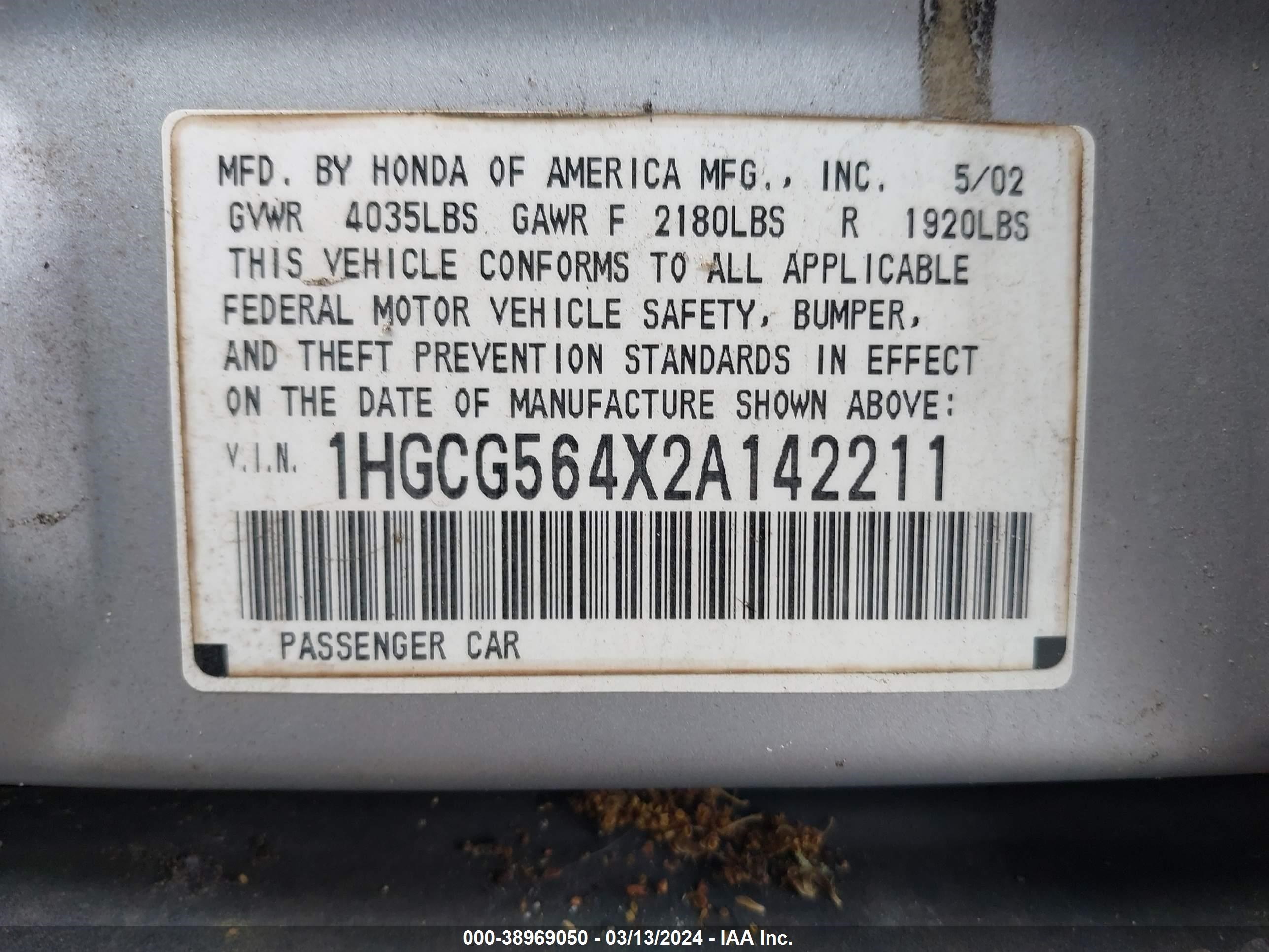 Photo 8 VIN: 1HGCG564X2A142211 - HONDA ACCORD 