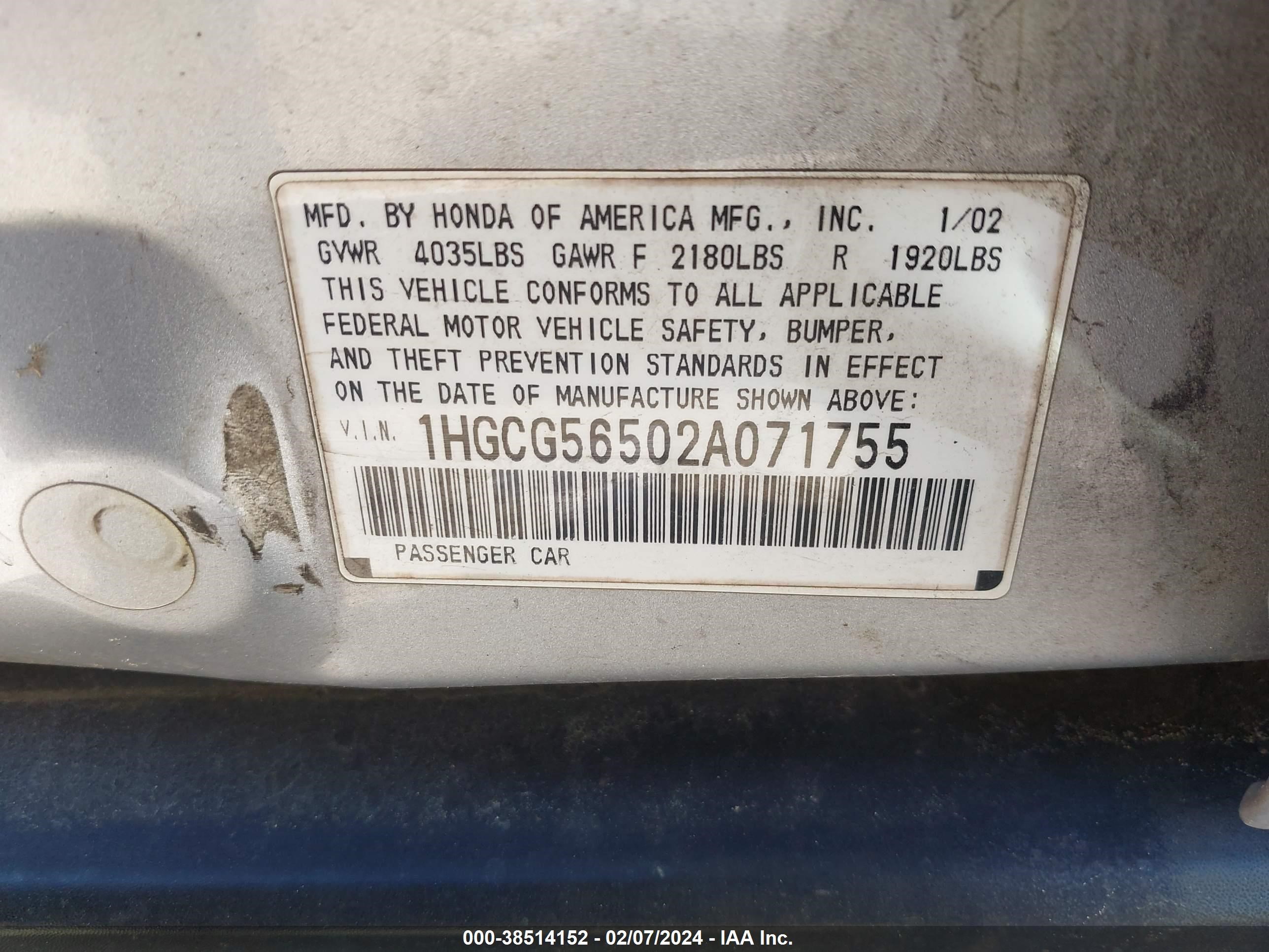 Photo 8 VIN: 1HGCG56502A071755 - HONDA ACCORD 