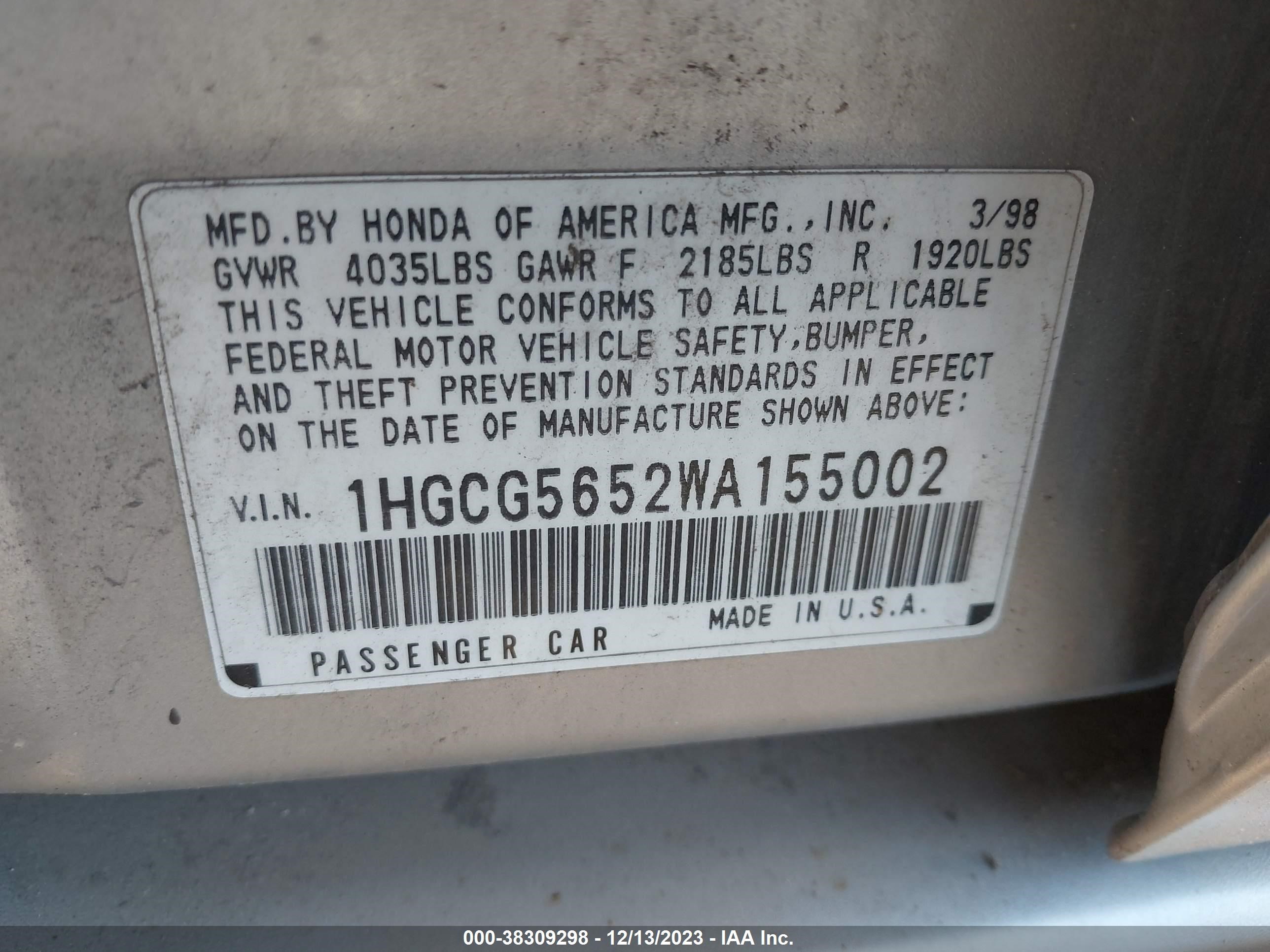 Photo 8 VIN: 1HGCG5652WA155002 - HONDA ACCORD 