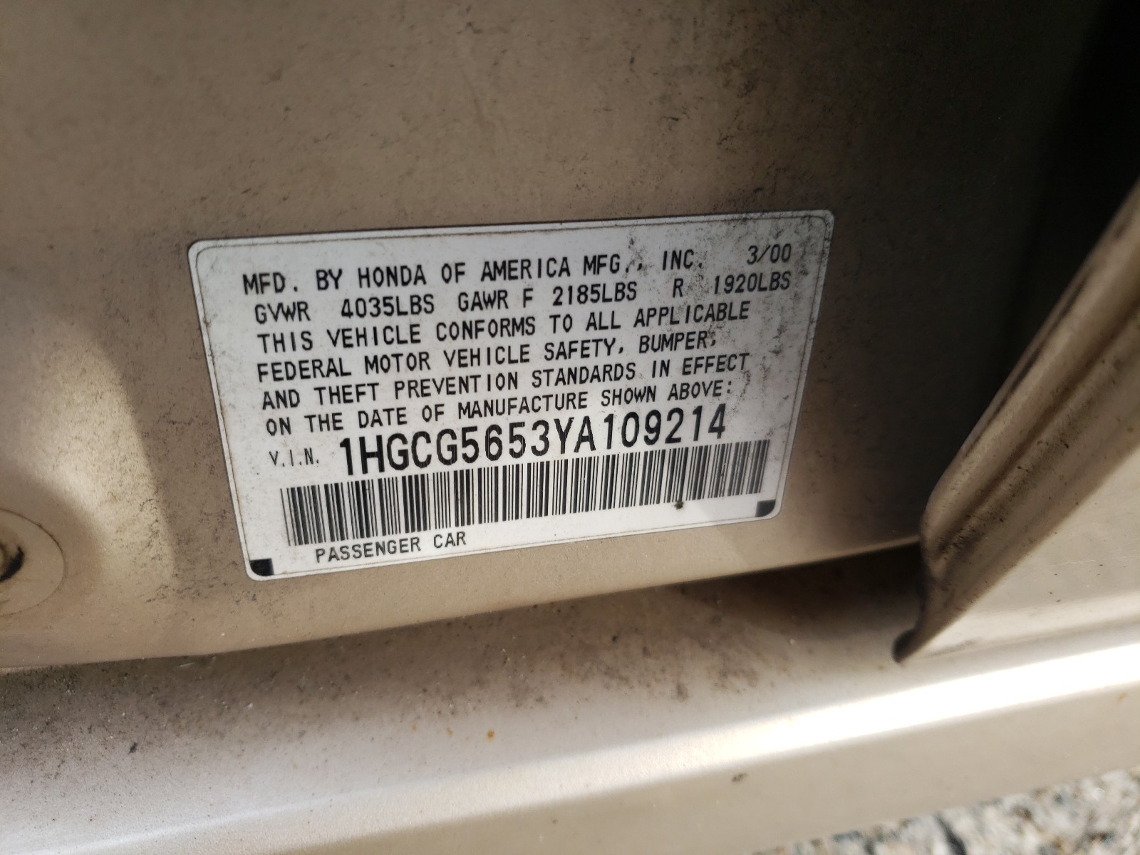 Photo 9 VIN: 1HGCG5653YA109214 - HONDA ACCORD 