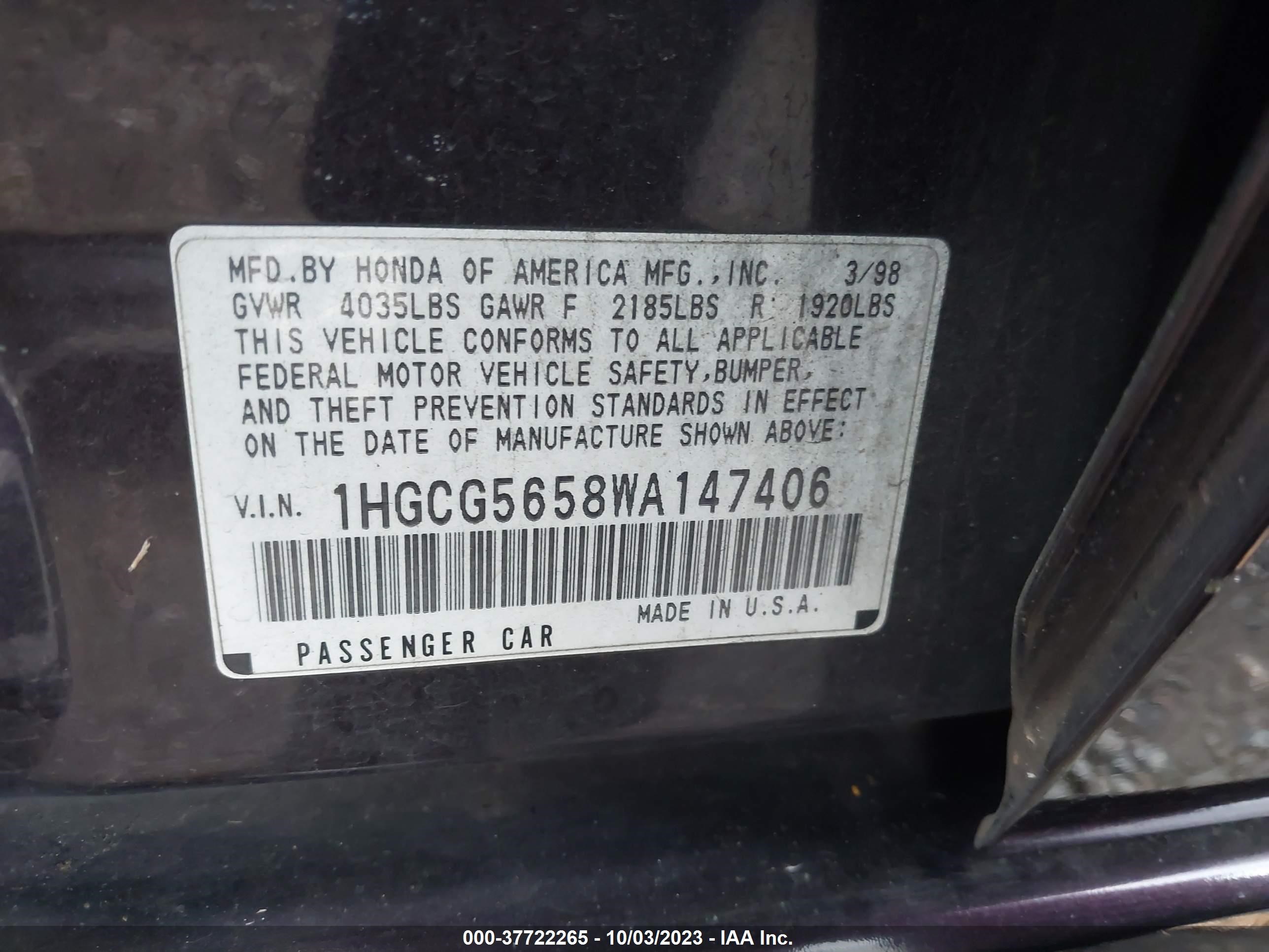 Photo 8 VIN: 1HGCG5658WA147406 - HONDA ACCORD 