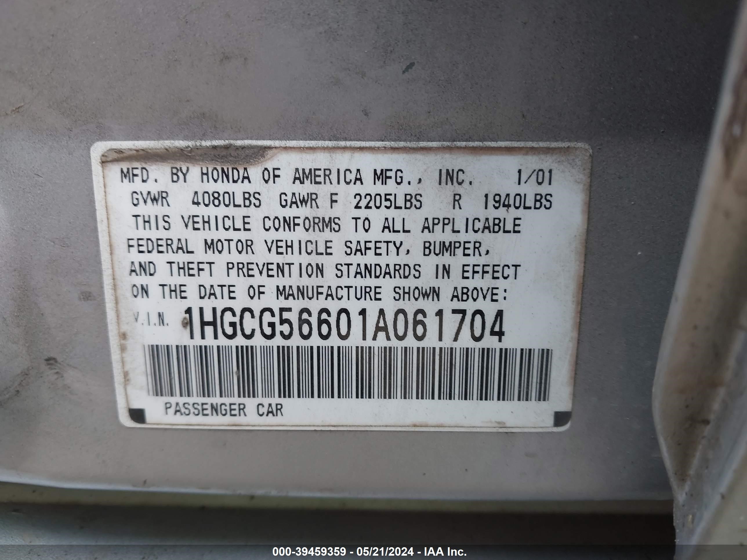 Photo 8 VIN: 1HGCG56601A061704 - HONDA ACCORD 