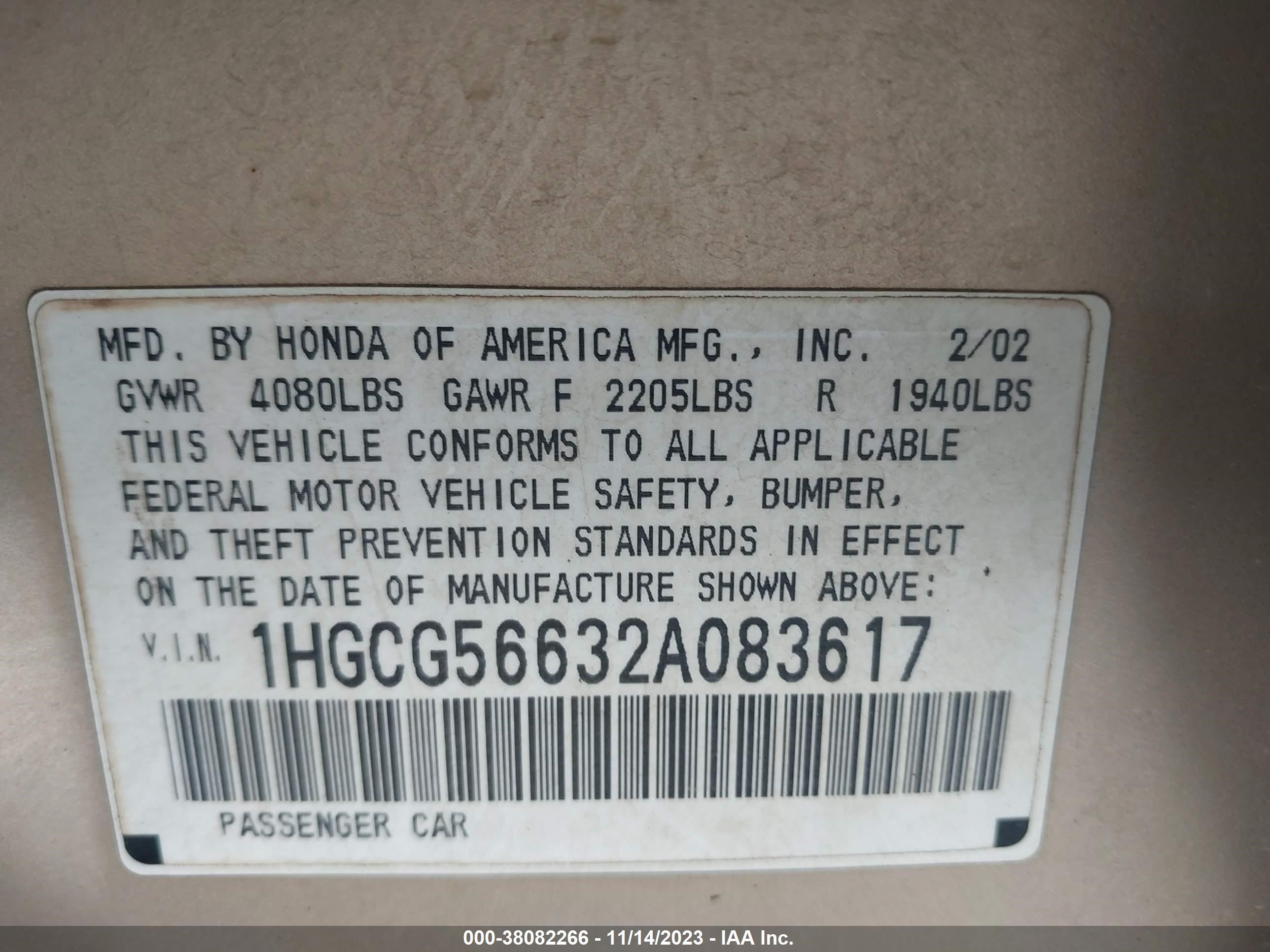 Photo 8 VIN: 1HGCG56632A083617 - HONDA ACCORD 