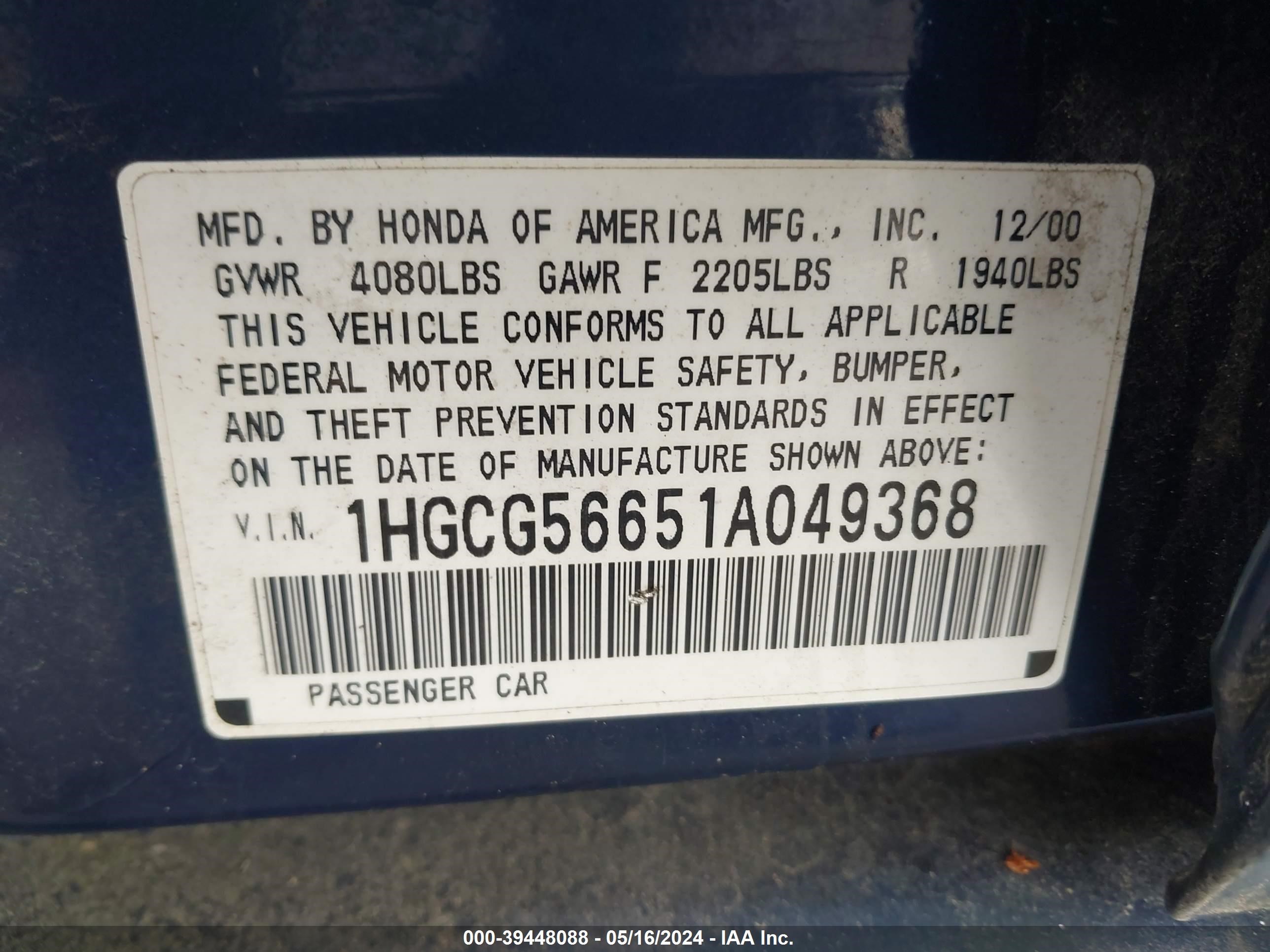 Photo 8 VIN: 1HGCG56651A049368 - HONDA ACCORD 