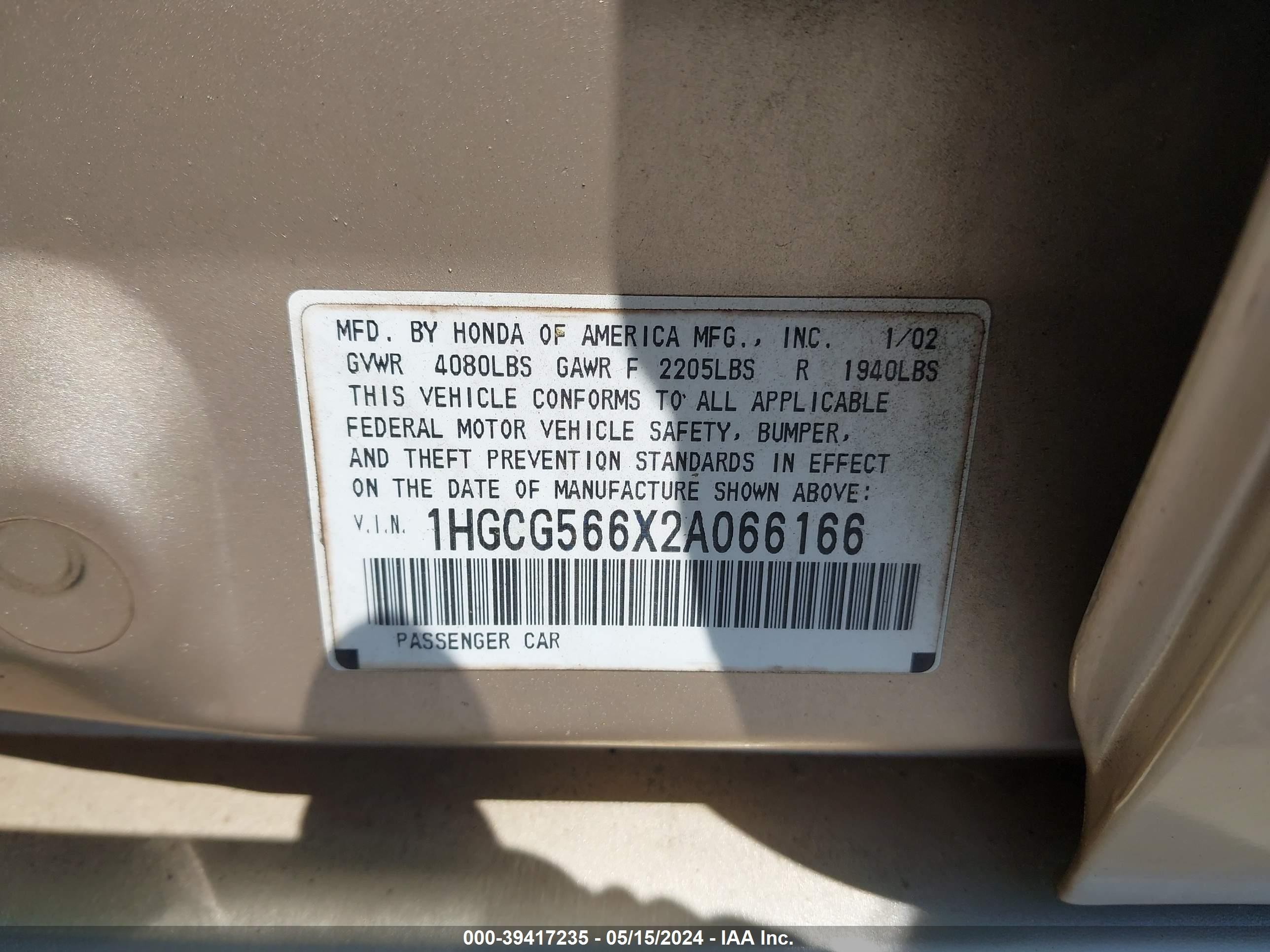 Photo 8 VIN: 1HGCG566X2A066166 - HONDA ACCORD 