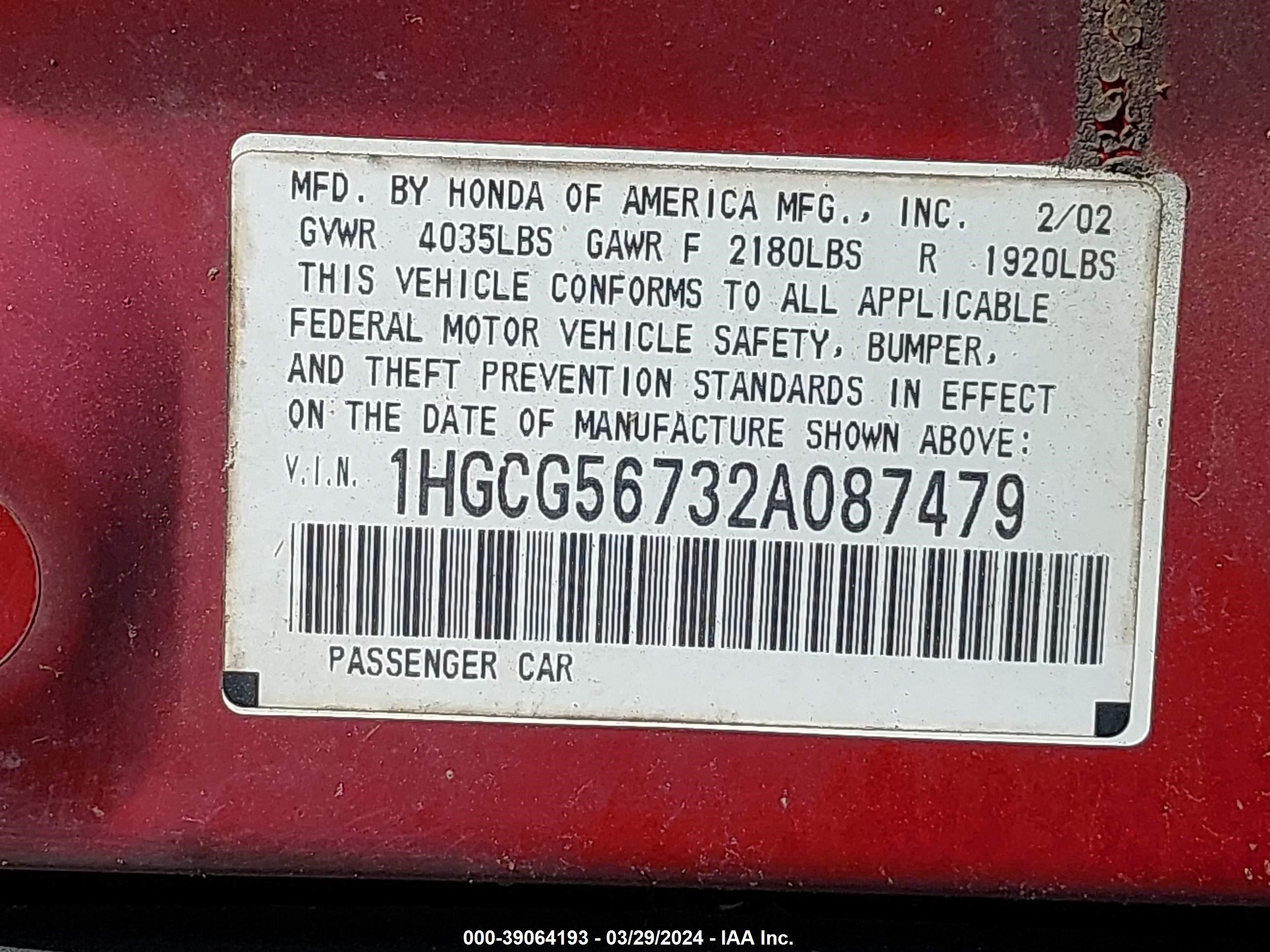 Photo 8 VIN: 1HGCG56732A087479 - HONDA ACCORD 