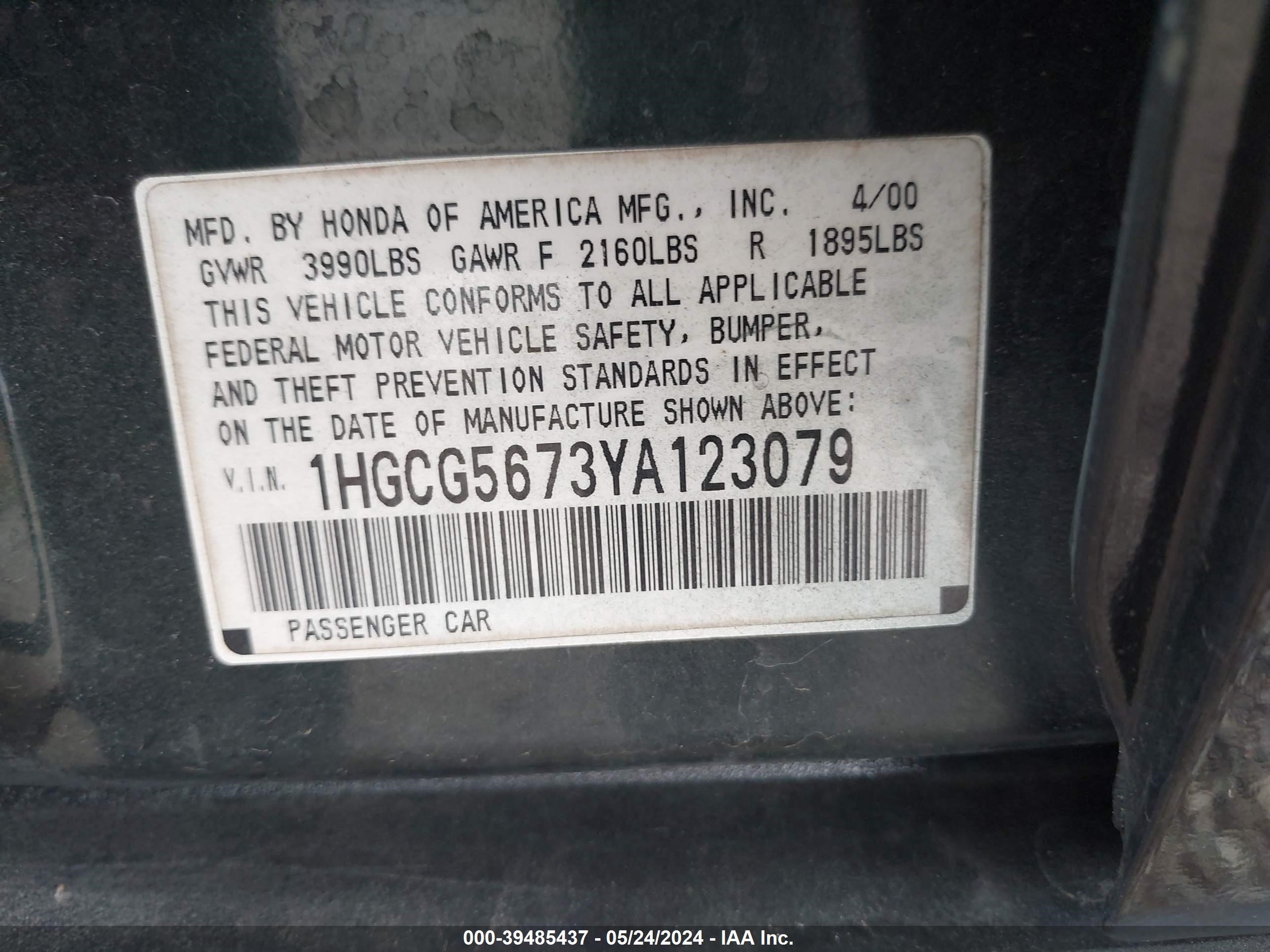 Photo 8 VIN: 1HGCG5673YA123079 - HONDA ACCORD 