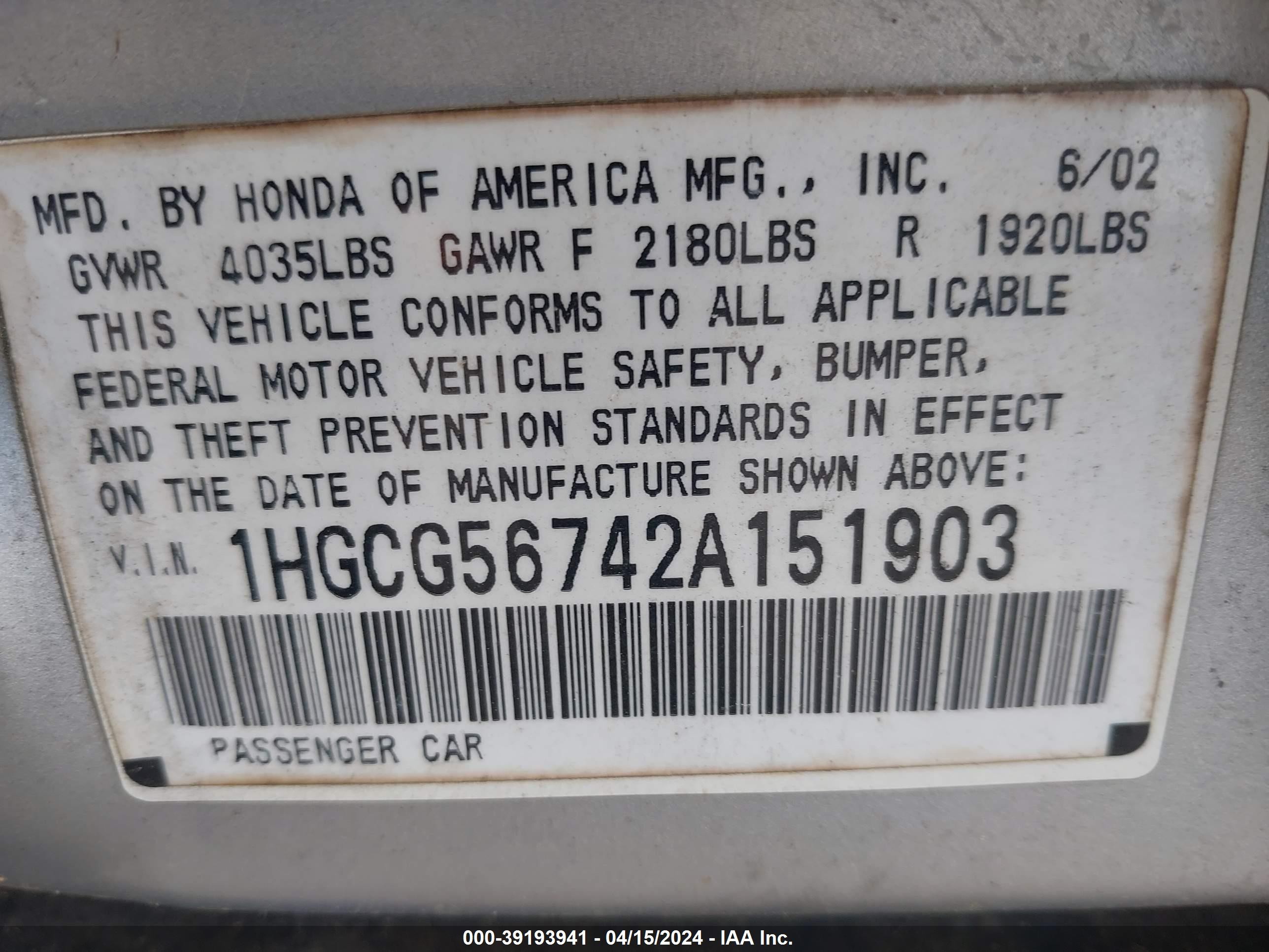 Photo 8 VIN: 1HGCG56742A151903 - HONDA ACCORD 