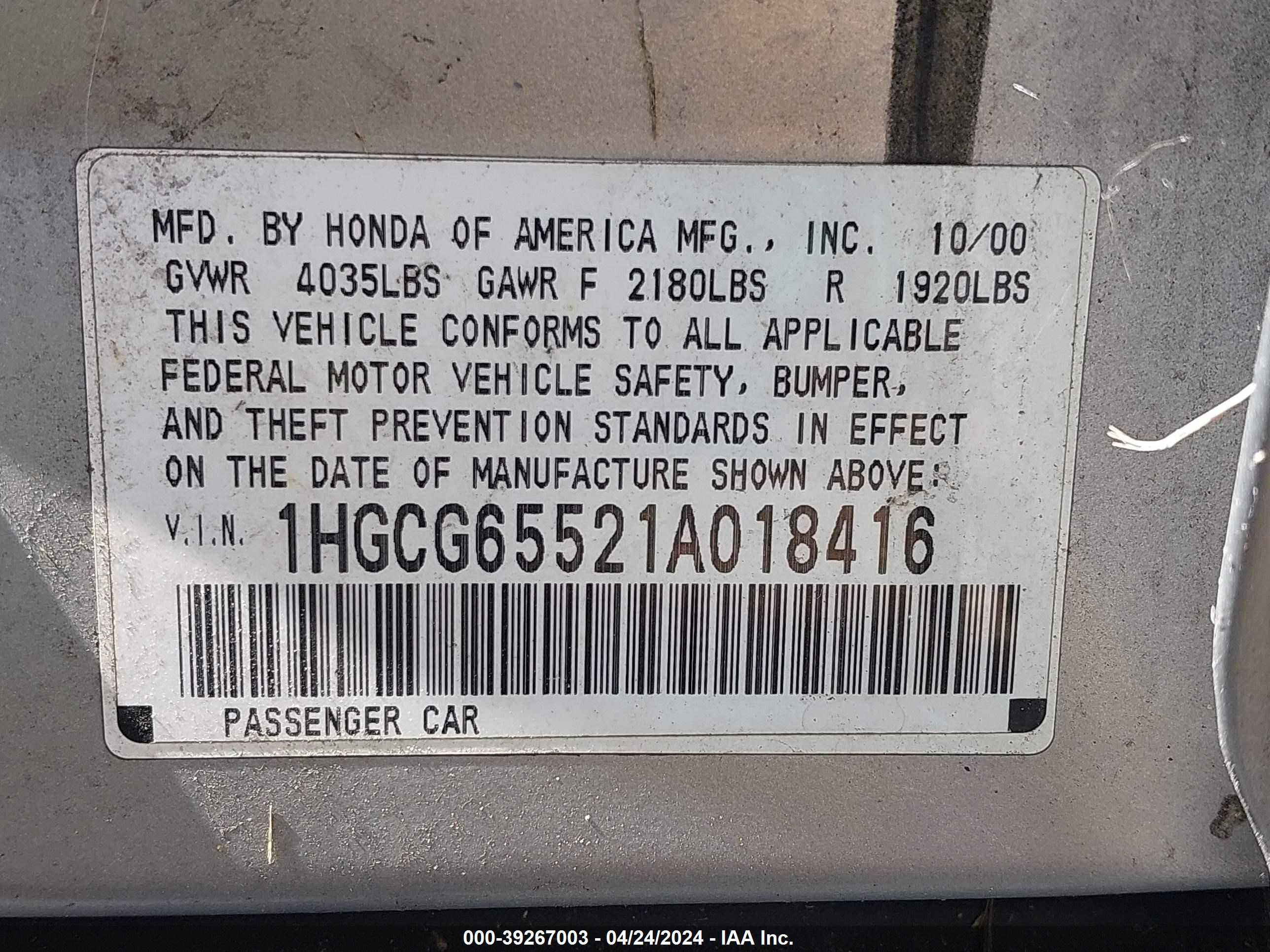 Photo 8 VIN: 1HGCG65521A018416 - HONDA ACCORD 