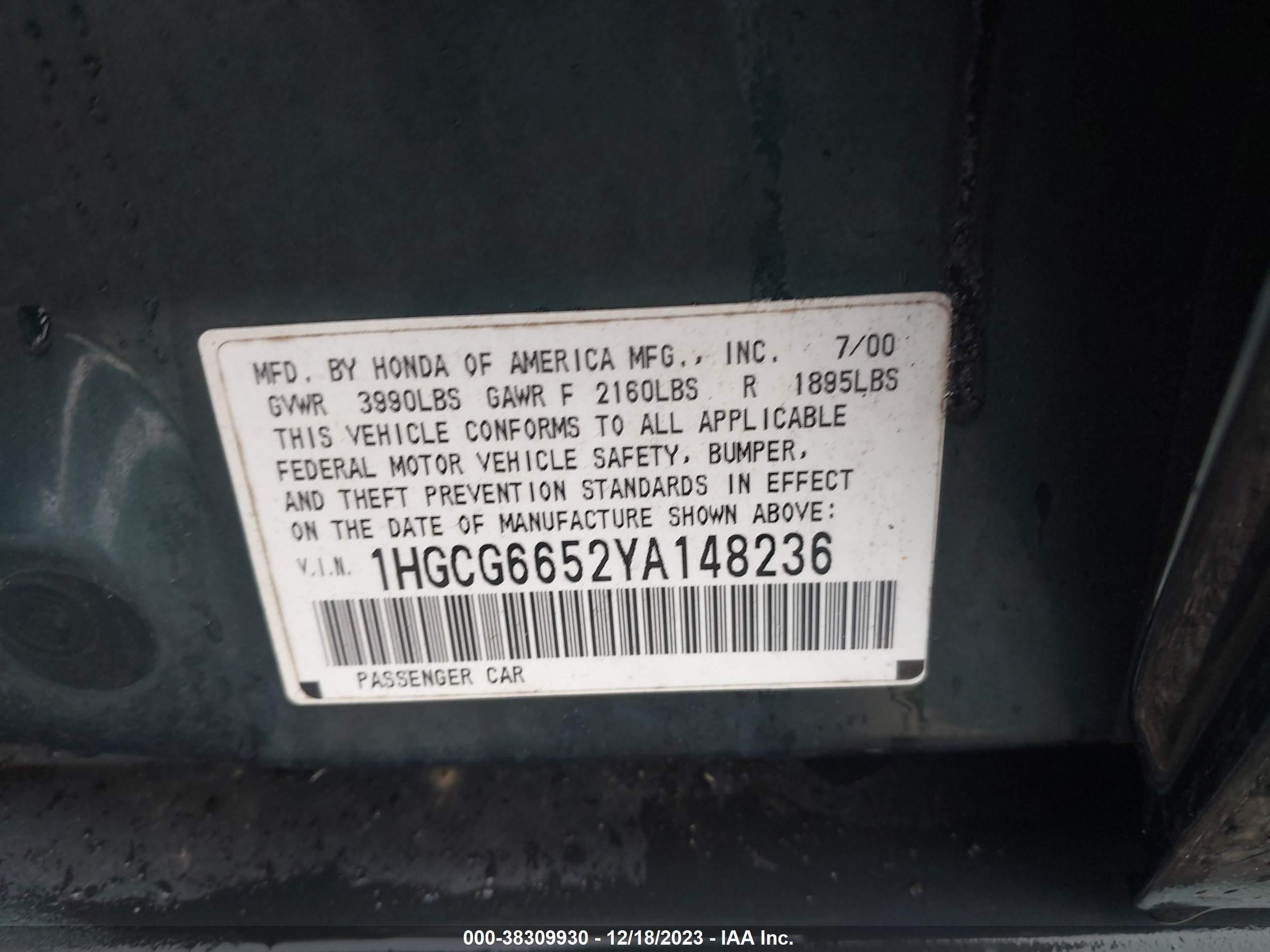 Photo 8 VIN: 1HGCG6652YA148236 - HONDA ACCORD 