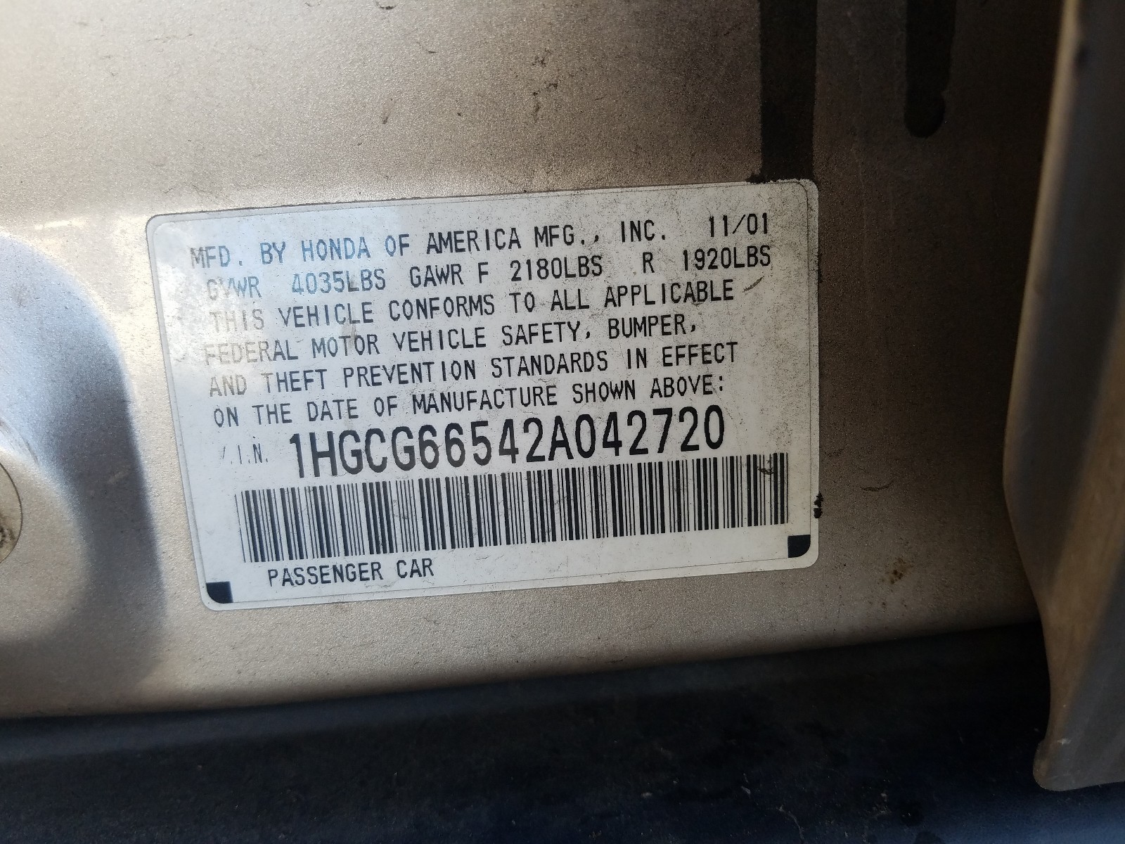 Photo 9 VIN: 1HGCG66542A042720 - HONDA ACCORD LX 