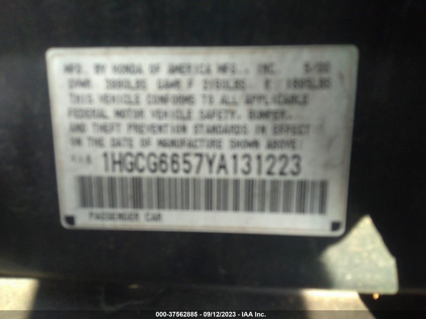 Photo 8 VIN: 1HGCG6657YA131223 - HONDA ACCORD 