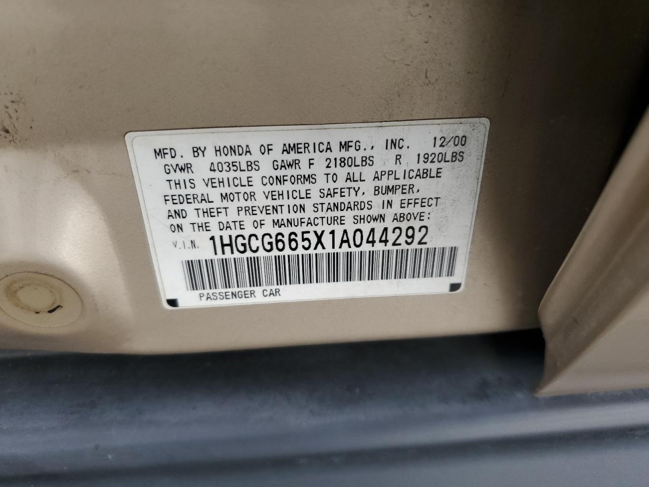 Photo 12 VIN: 1HGCG665X1A044292 - HONDA ACCORD 