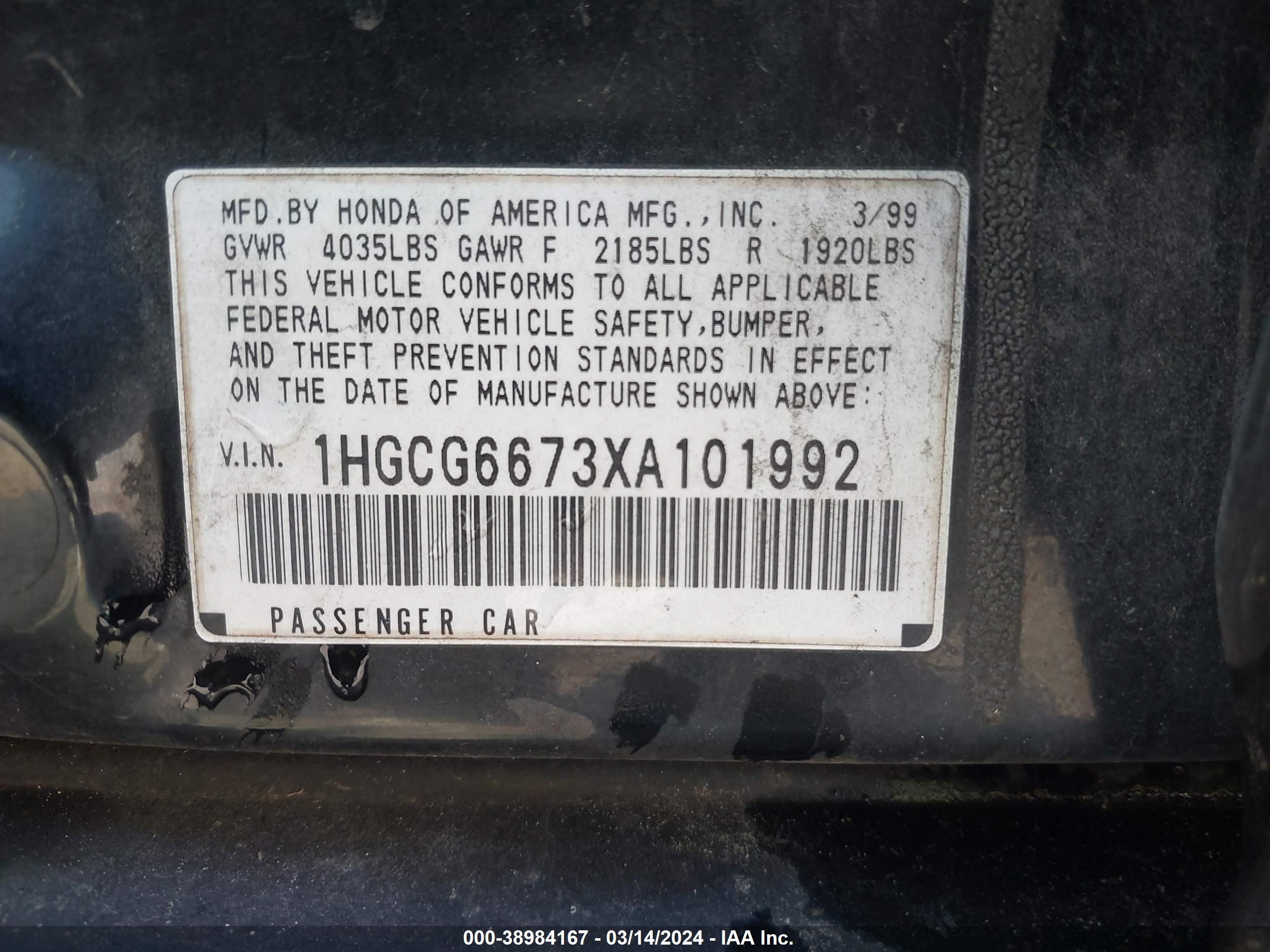 Photo 8 VIN: 1HGCG6673XA101992 - HONDA ACCORD 