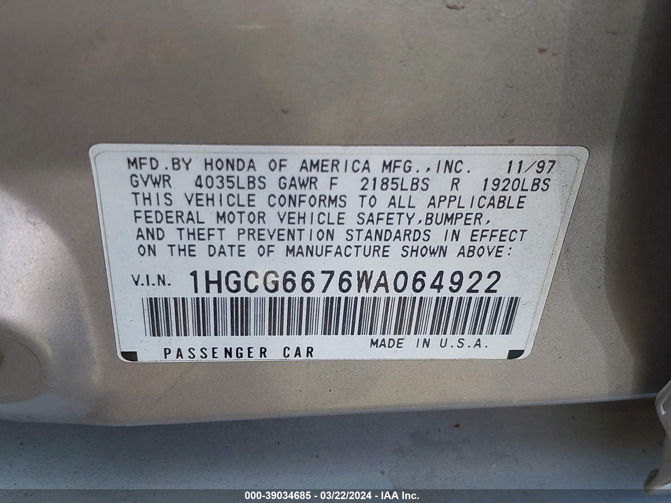 Photo 8 VIN: 1HGCG6676WA064922 - HONDA ACCORD 