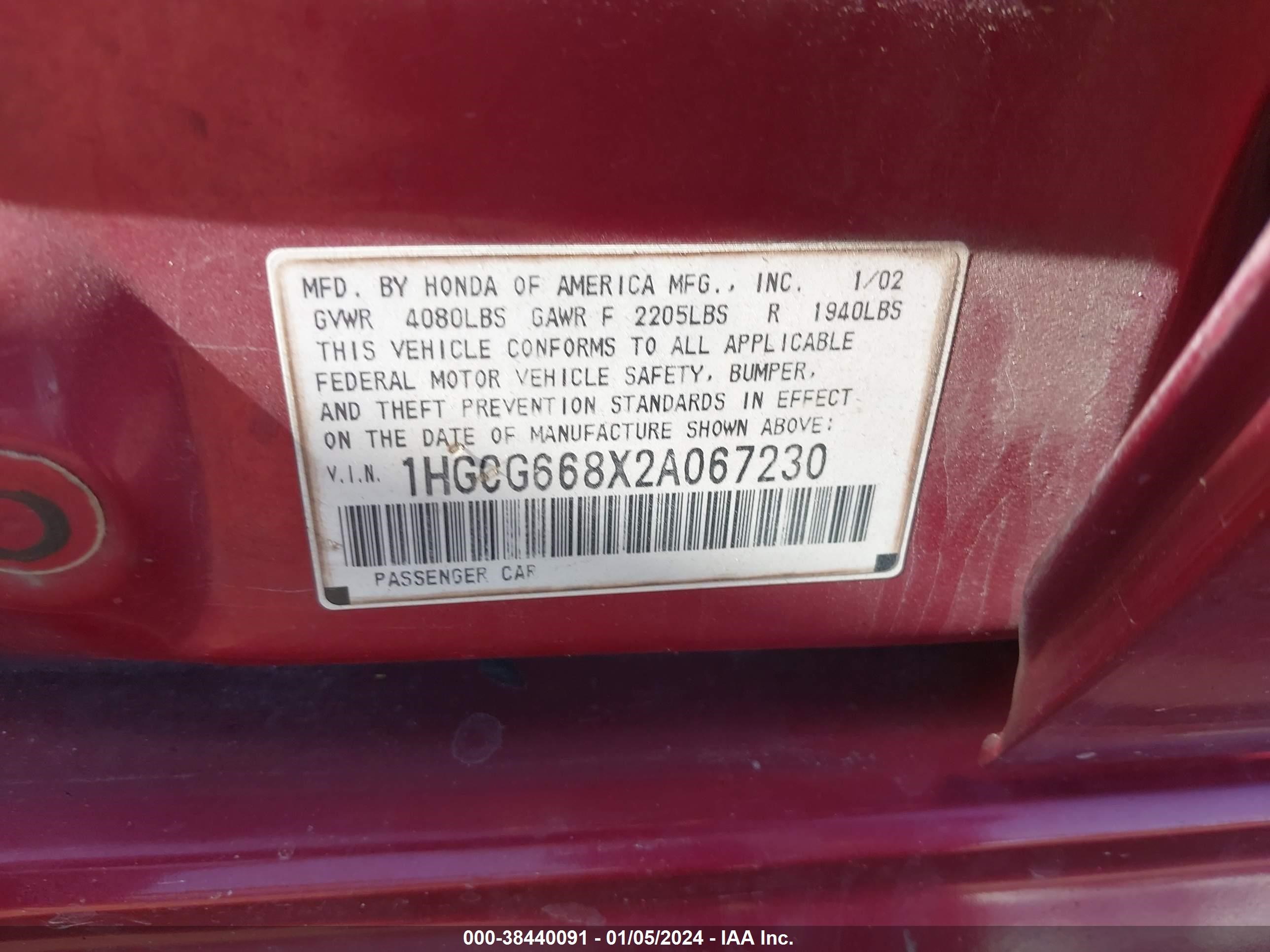 Photo 8 VIN: 1HGCG668X2A067230 - HONDA ACCORD 