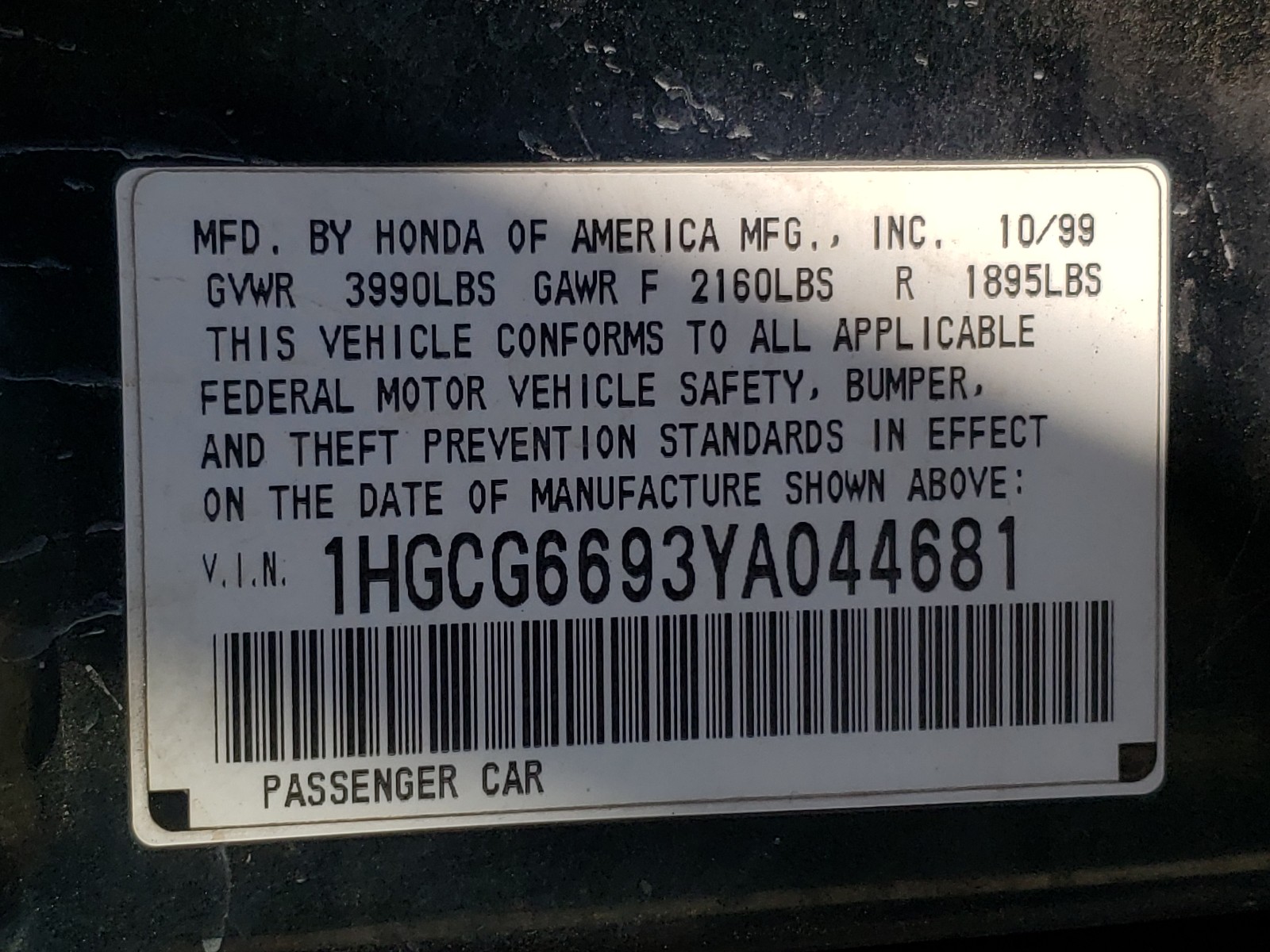 Photo 9 VIN: 1HGCG6693YA044681 - HONDA ACCORD SE 