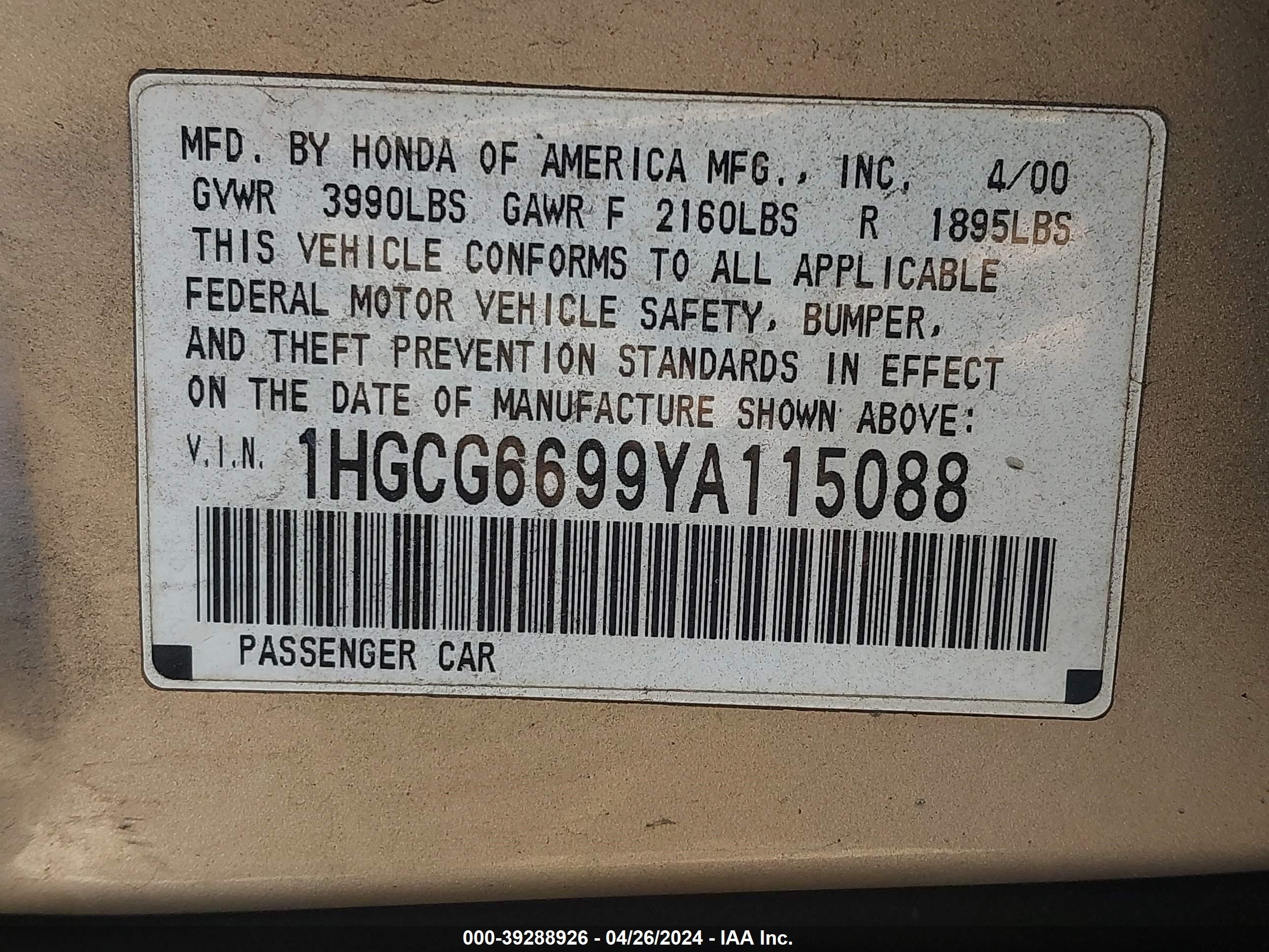 Photo 8 VIN: 1HGCG6699YA115088 - HONDA ACCORD 