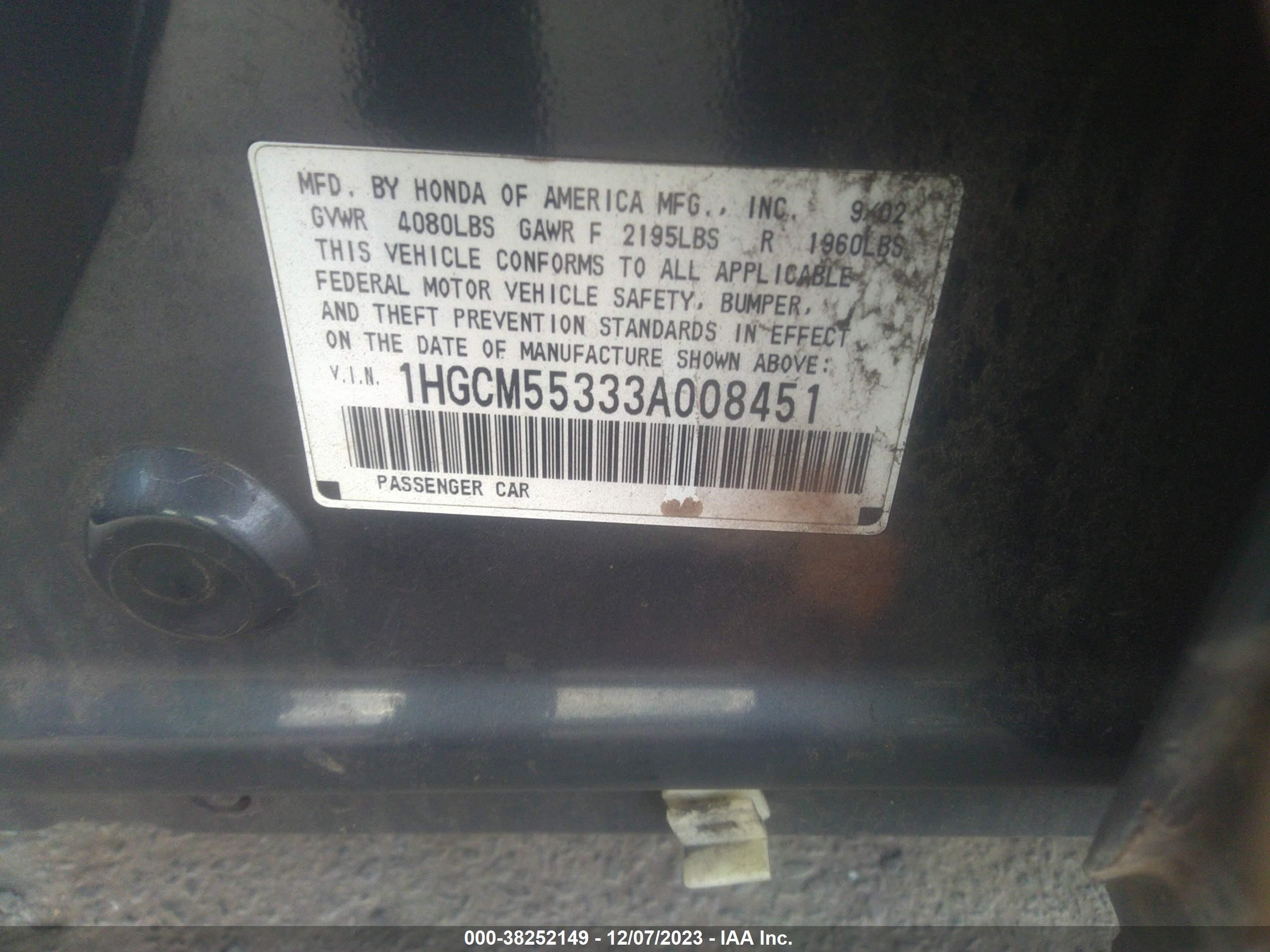 Photo 8 VIN: 1HGCM55333A008451 - HONDA ACCORD 