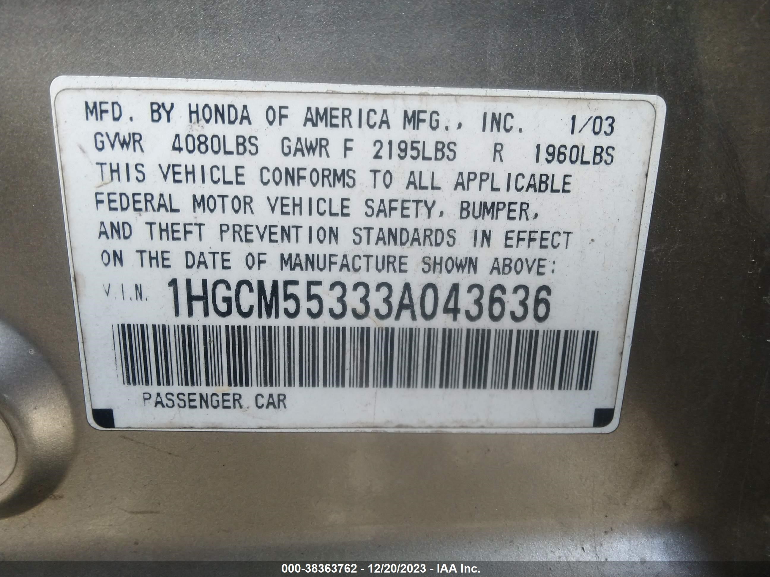 Photo 8 VIN: 1HGCM55333A043636 - HONDA ACCORD 