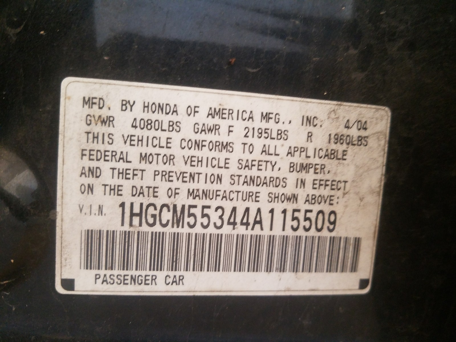 Photo 9 VIN: 1HGCM55344A115509 - HONDA ACCORD LX 