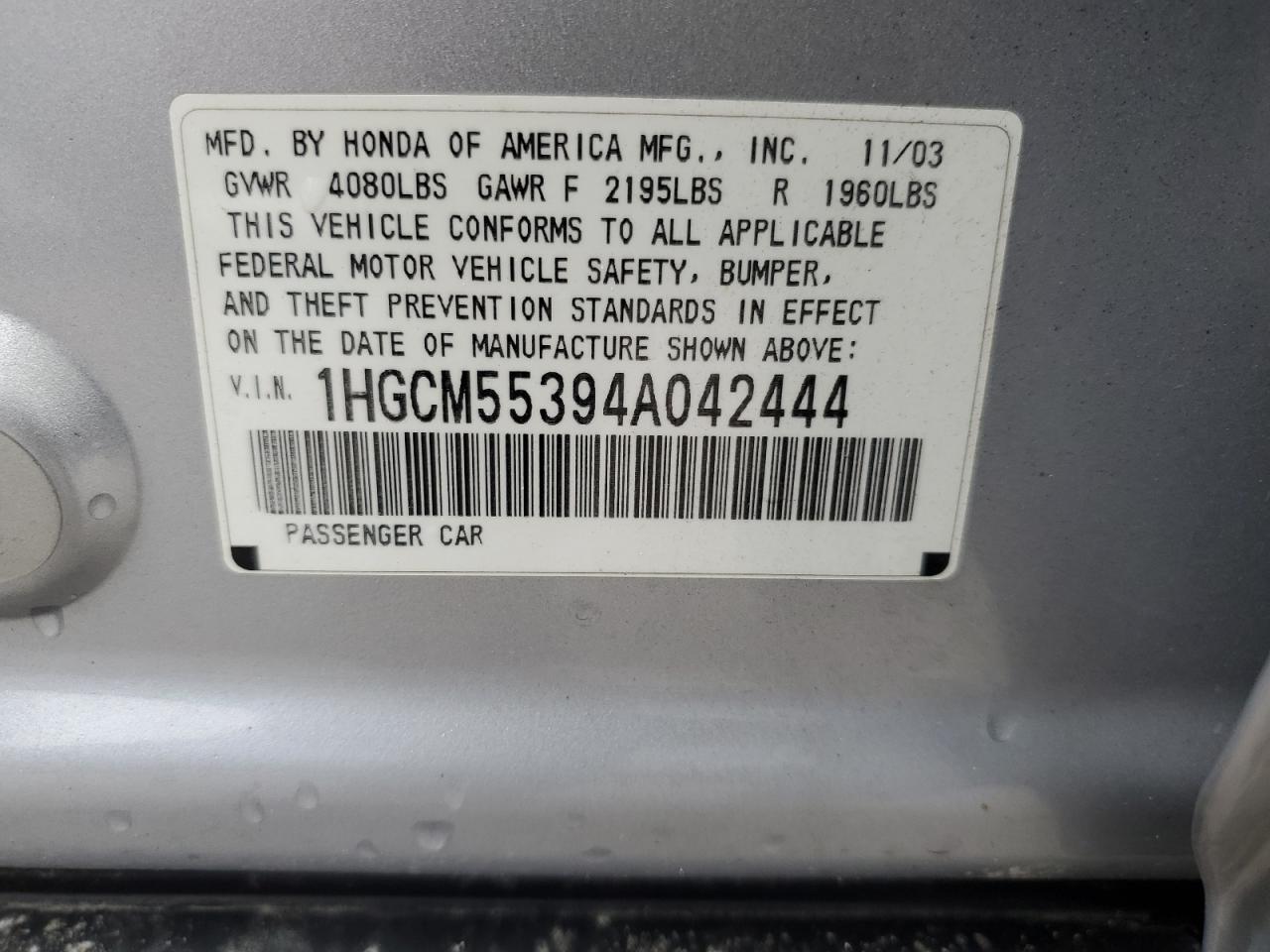 Photo 11 VIN: 1HGCM55394A042444 - HONDA ACCORD 