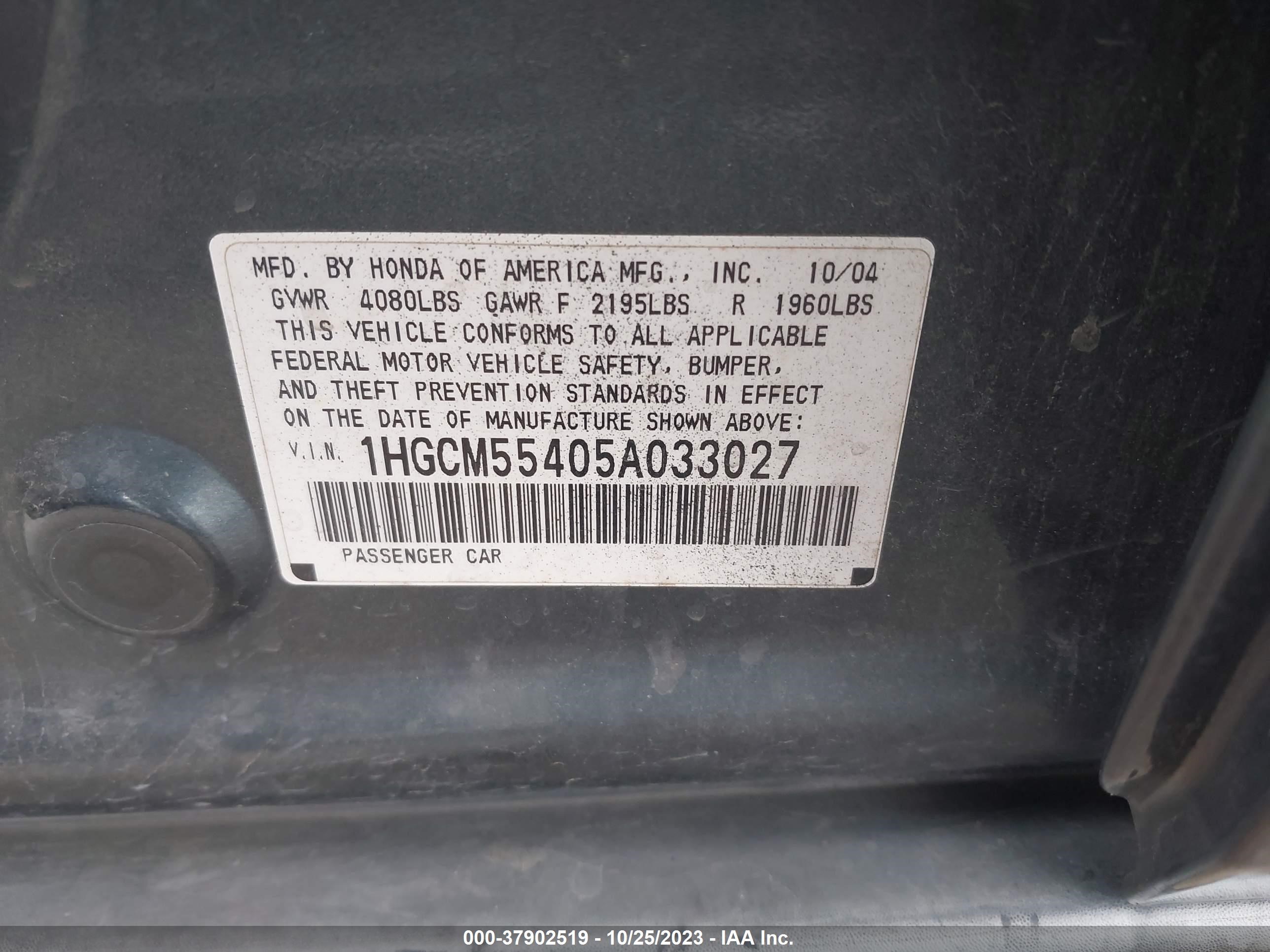 Photo 8 VIN: 1HGCM55405A033027 - HONDA ACCORD 