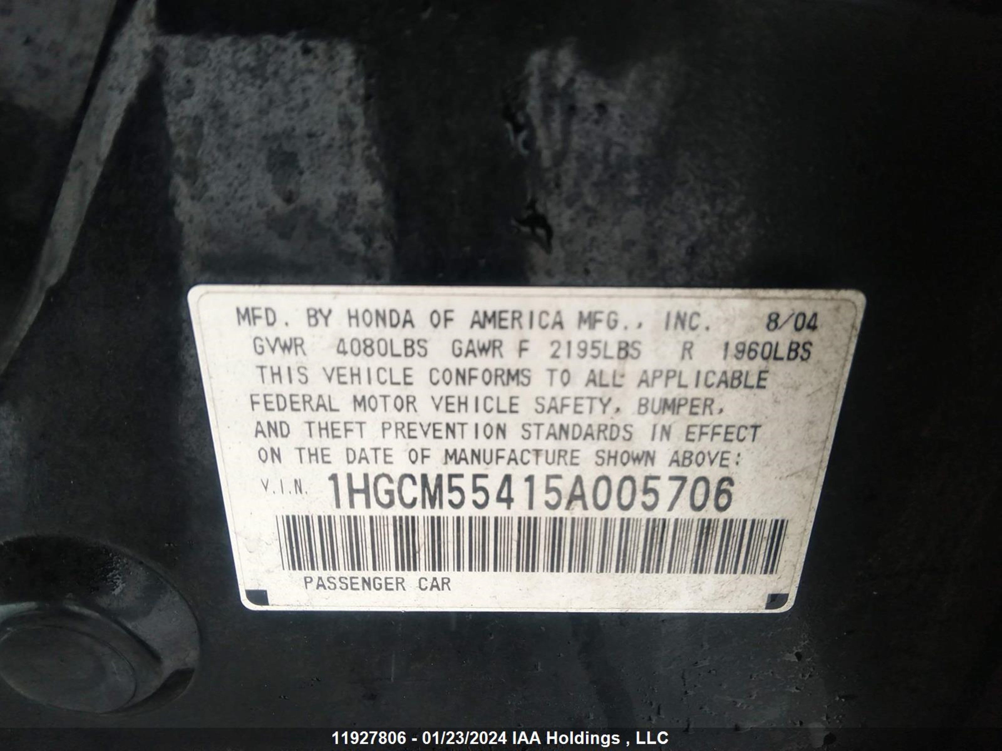 Photo 8 VIN: 1HGCM55415A005706 - HONDA ACCORD 