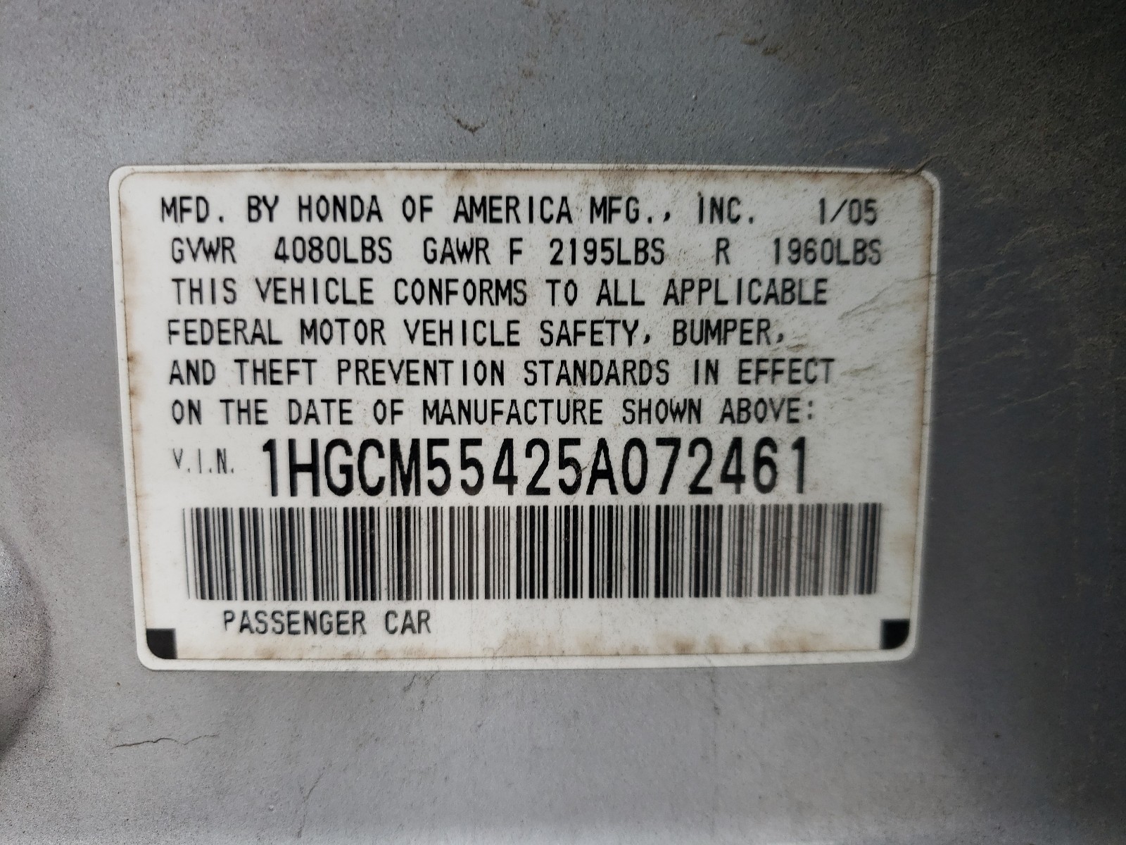 Photo 9 VIN: 1HGCM55425A072461 - HONDA ACCORD LX 