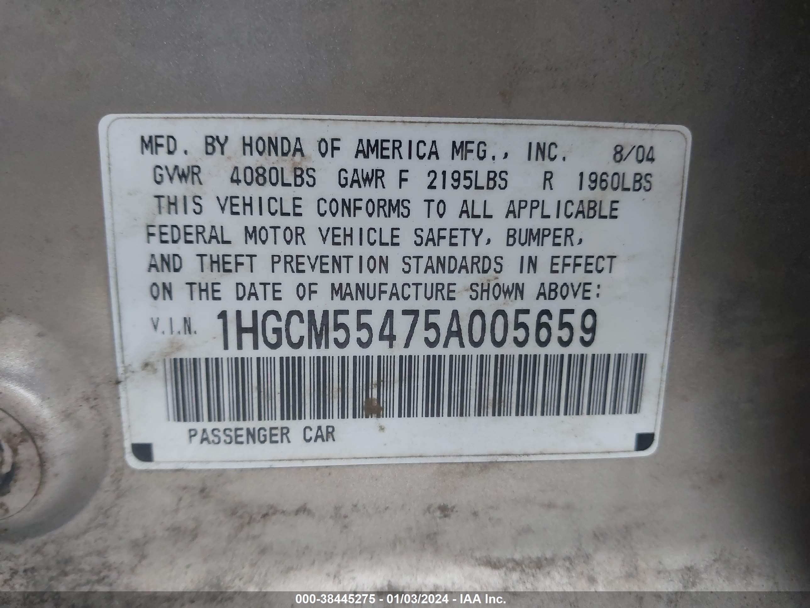 Photo 8 VIN: 1HGCM55475A005659 - HONDA ACCORD 