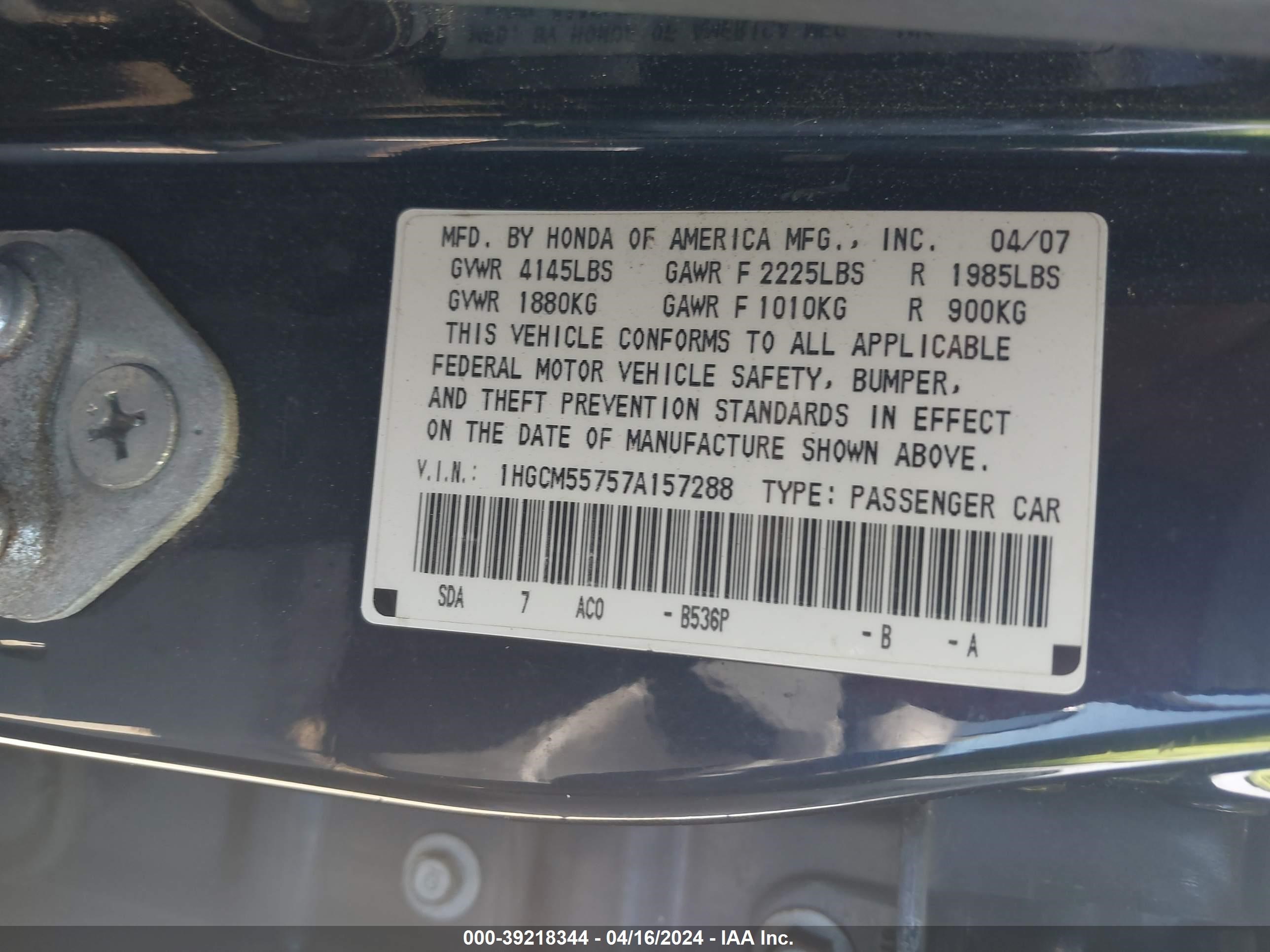 Photo 8 VIN: 1HGCM55757A157288 - HONDA ACCORD 