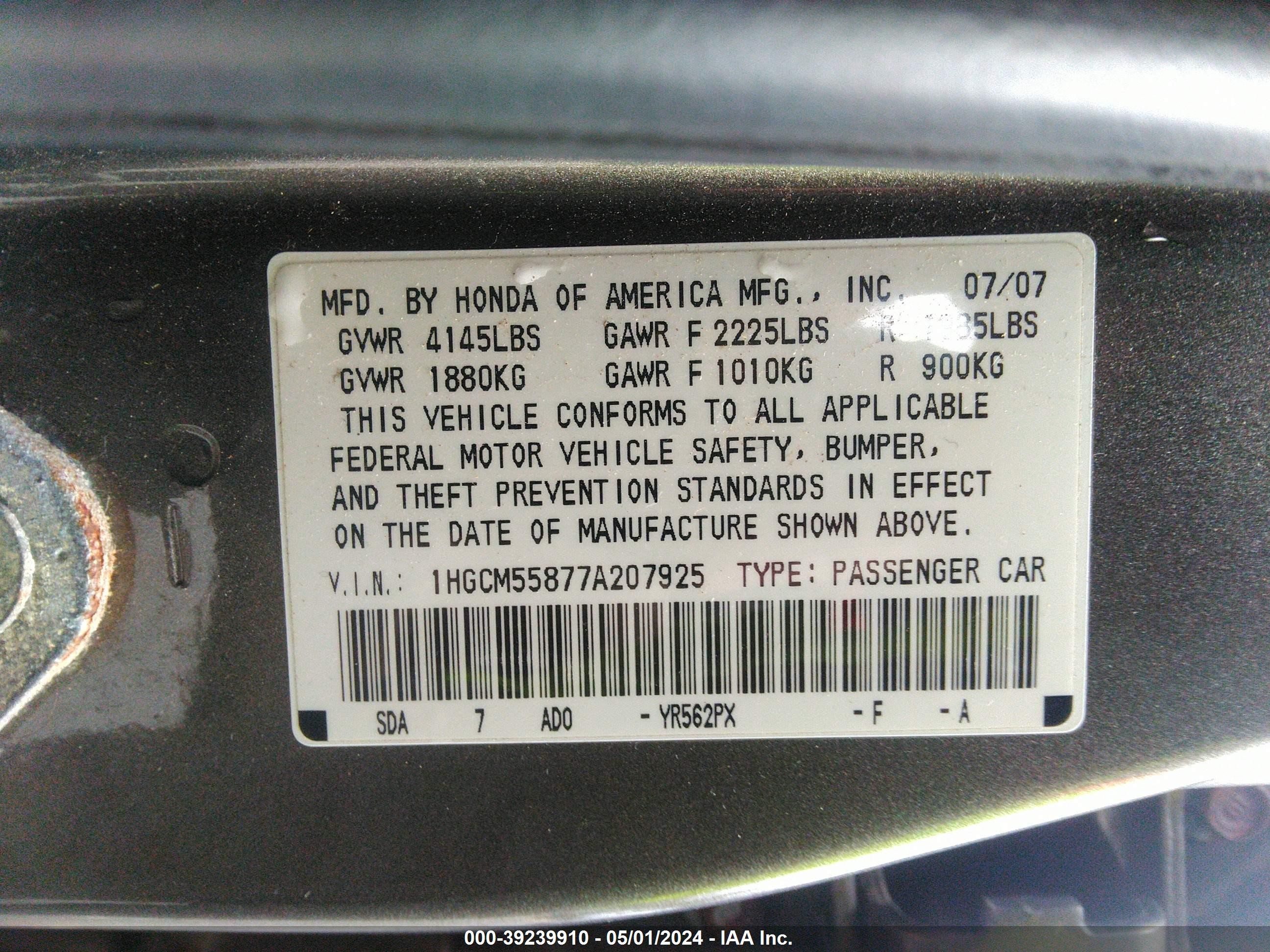 Photo 8 VIN: 1HGCM55877A207925 - HONDA ACCORD 