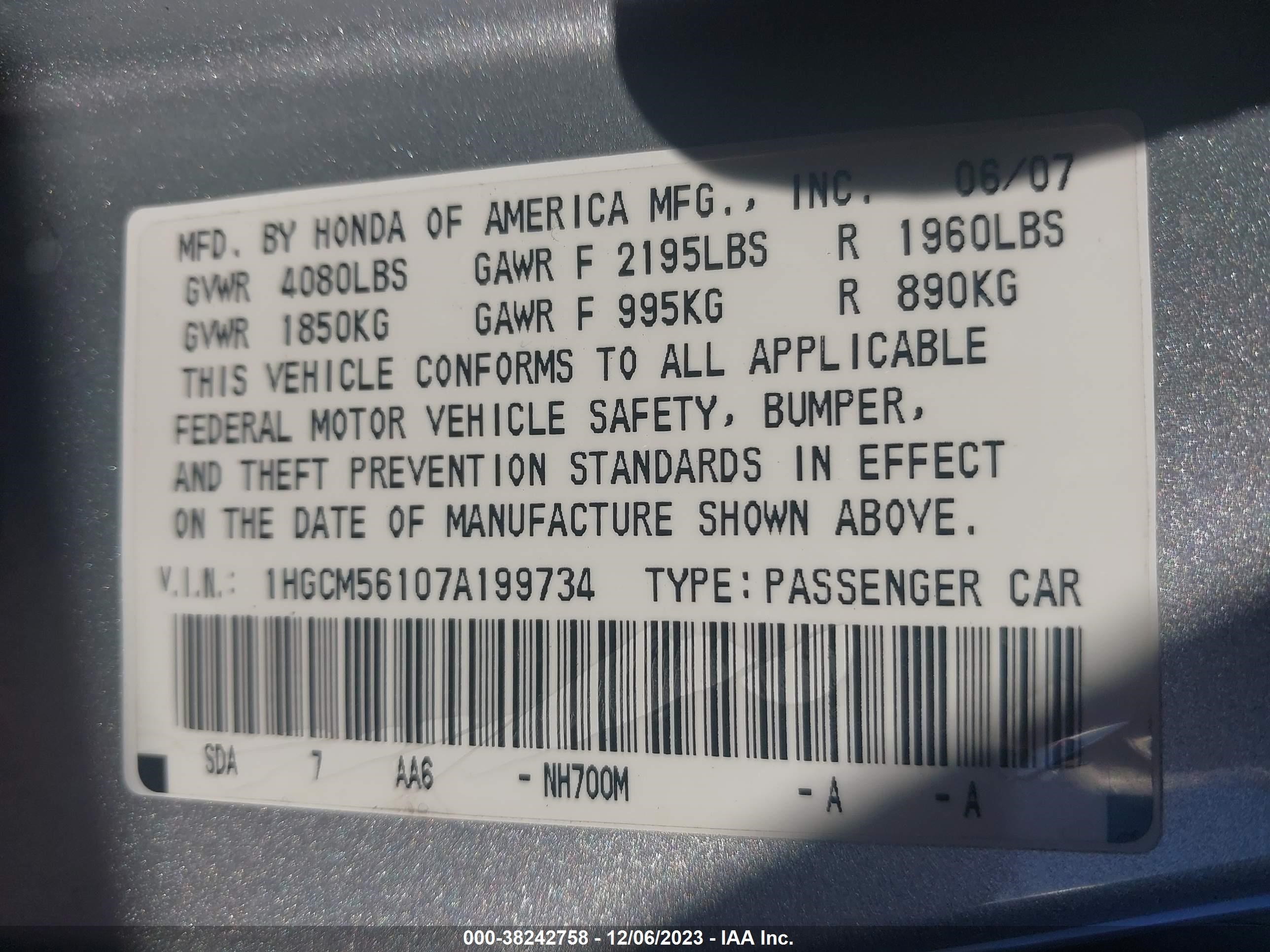 Photo 8 VIN: 1HGCM56107A199734 - HONDA ACCORD 