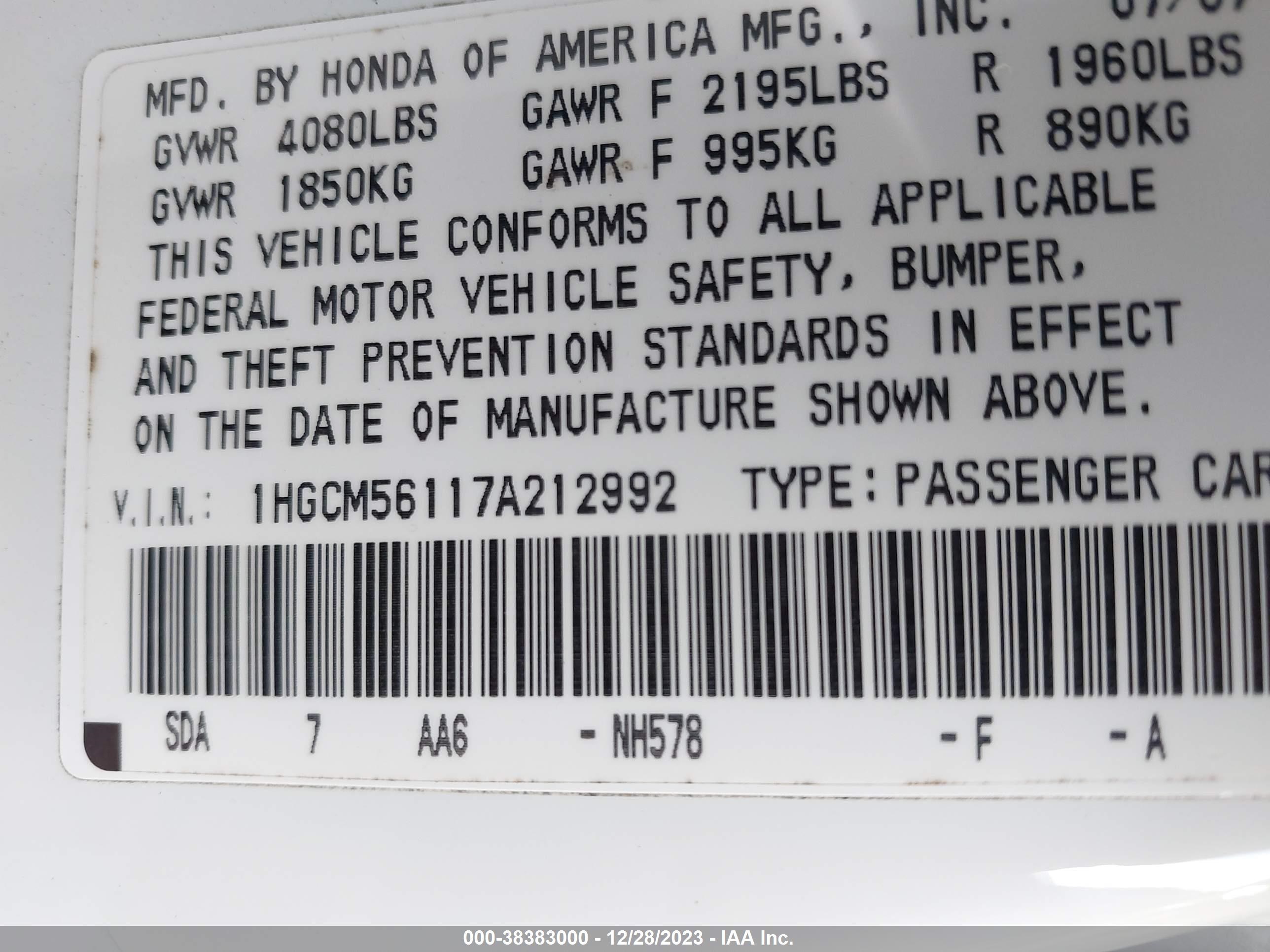 Photo 8 VIN: 1HGCM56117A212992 - HONDA ACCORD 